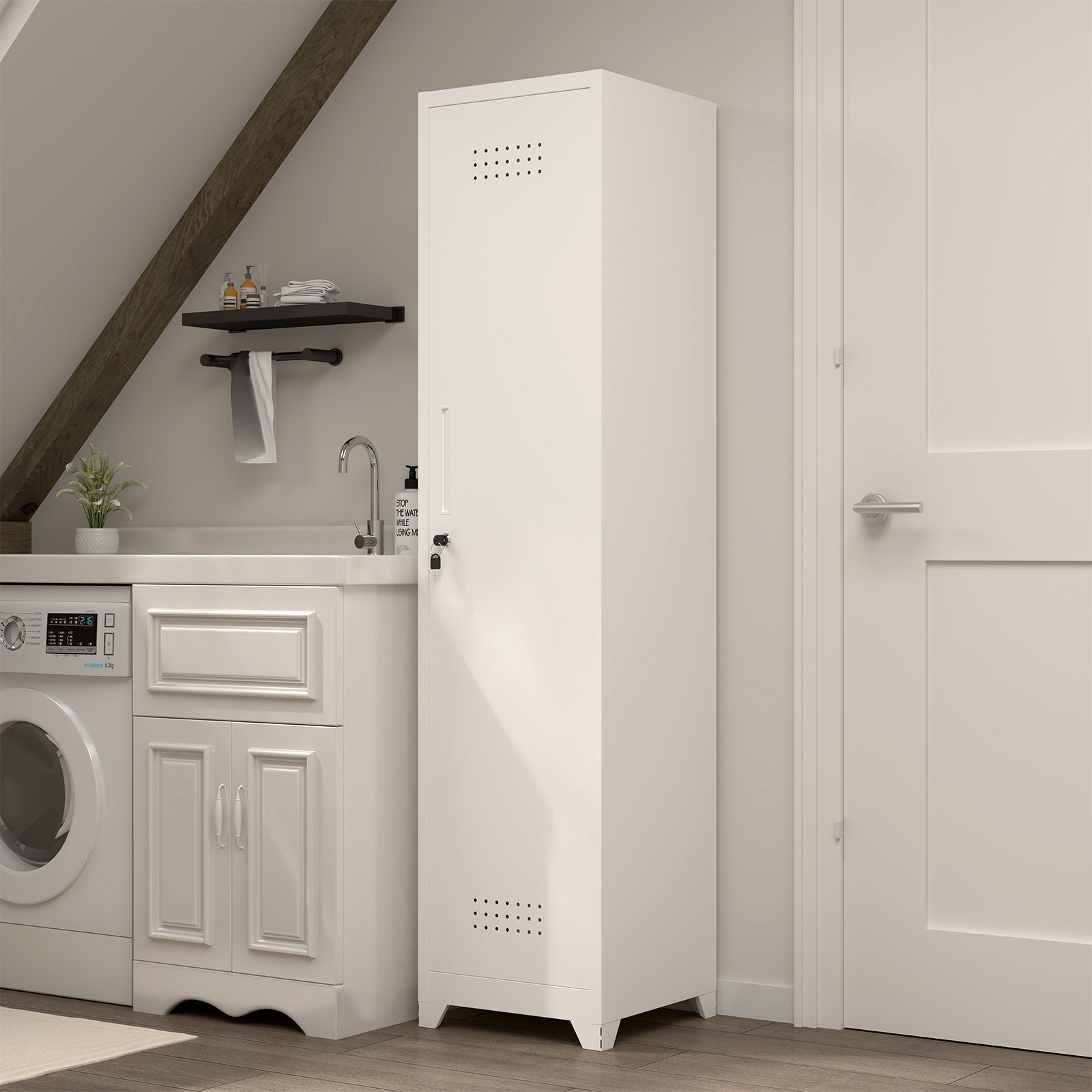 Slim Broom Storage Cabinet with Shelves, Hanging Rod and Locking Door, Metal