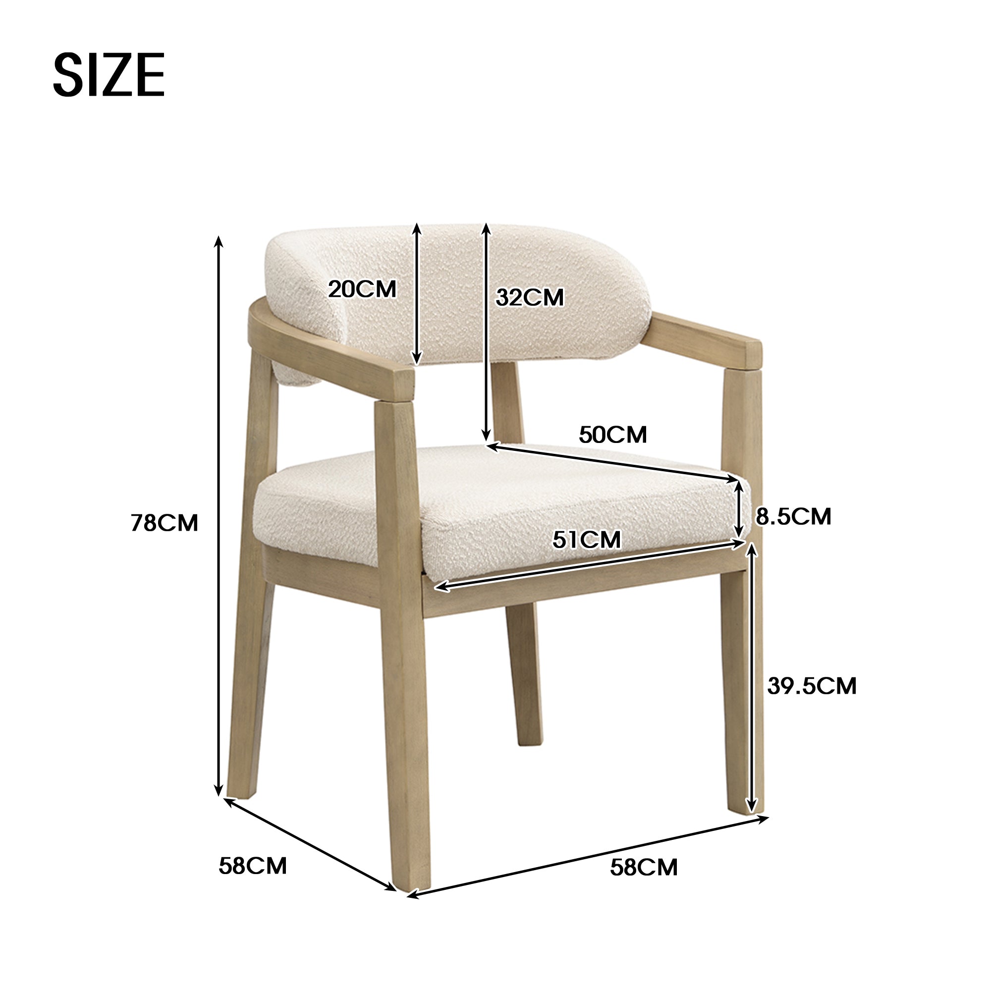 Solid Wood Dining Chairs Set of 4, Modern Comfortable Bouclé Seat, Natural Wood Finish