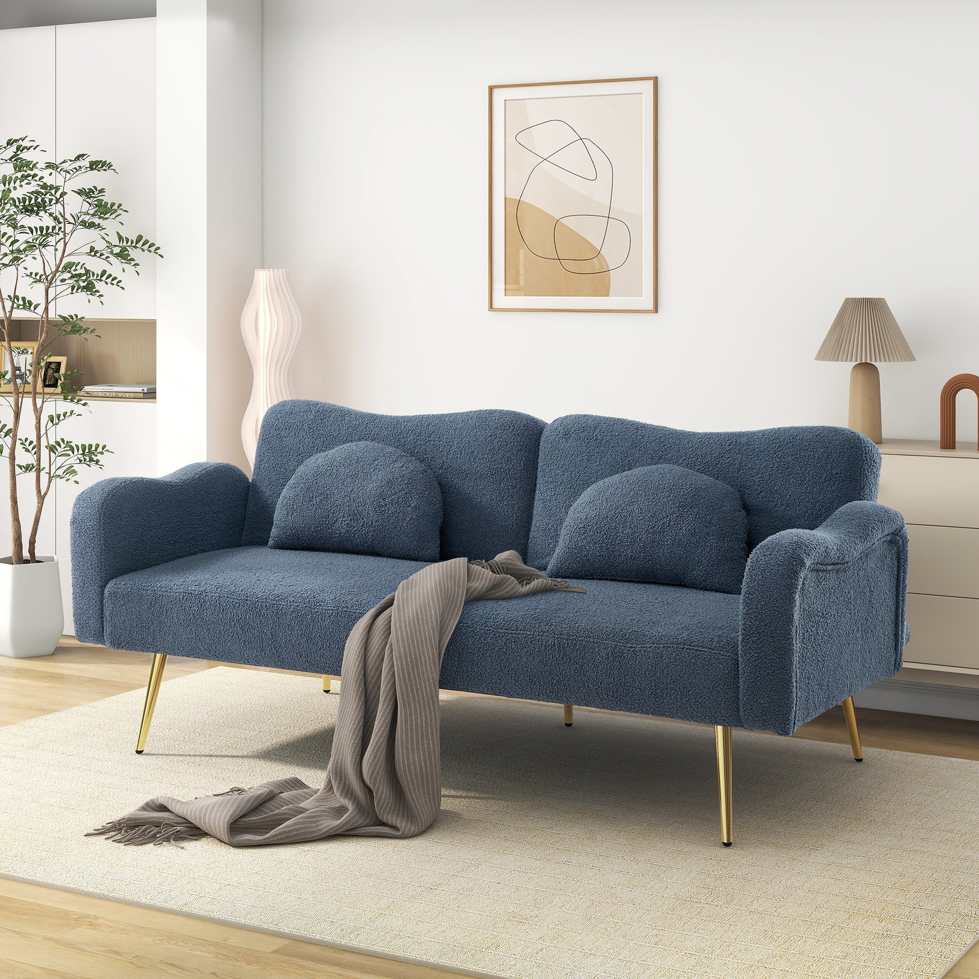 Sofa Bed, 2-Seater with Adjustable Backrest, Gold-Plated Metal Feet