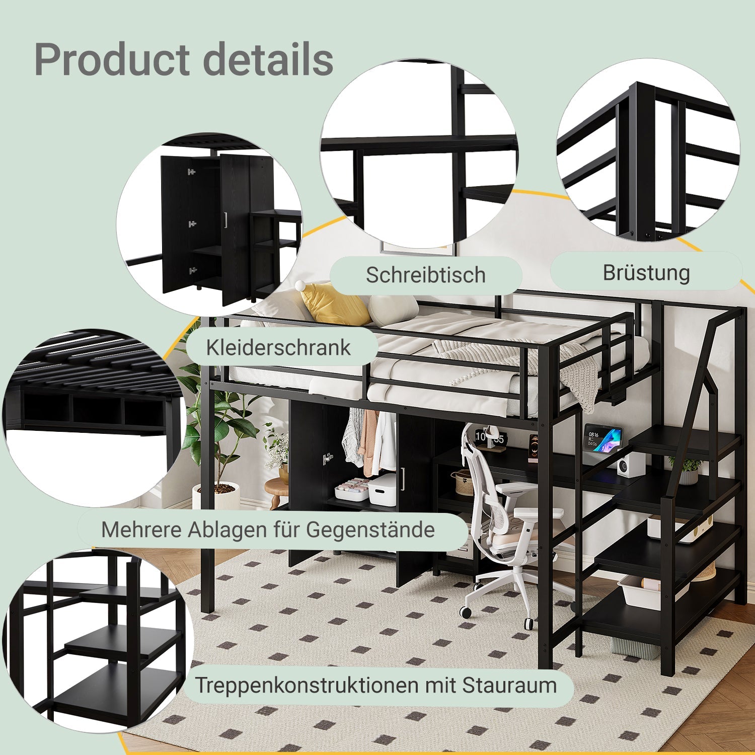 Loft Bed 140x200cm Wardrobe Shelves Storage Ladder Desk, Black