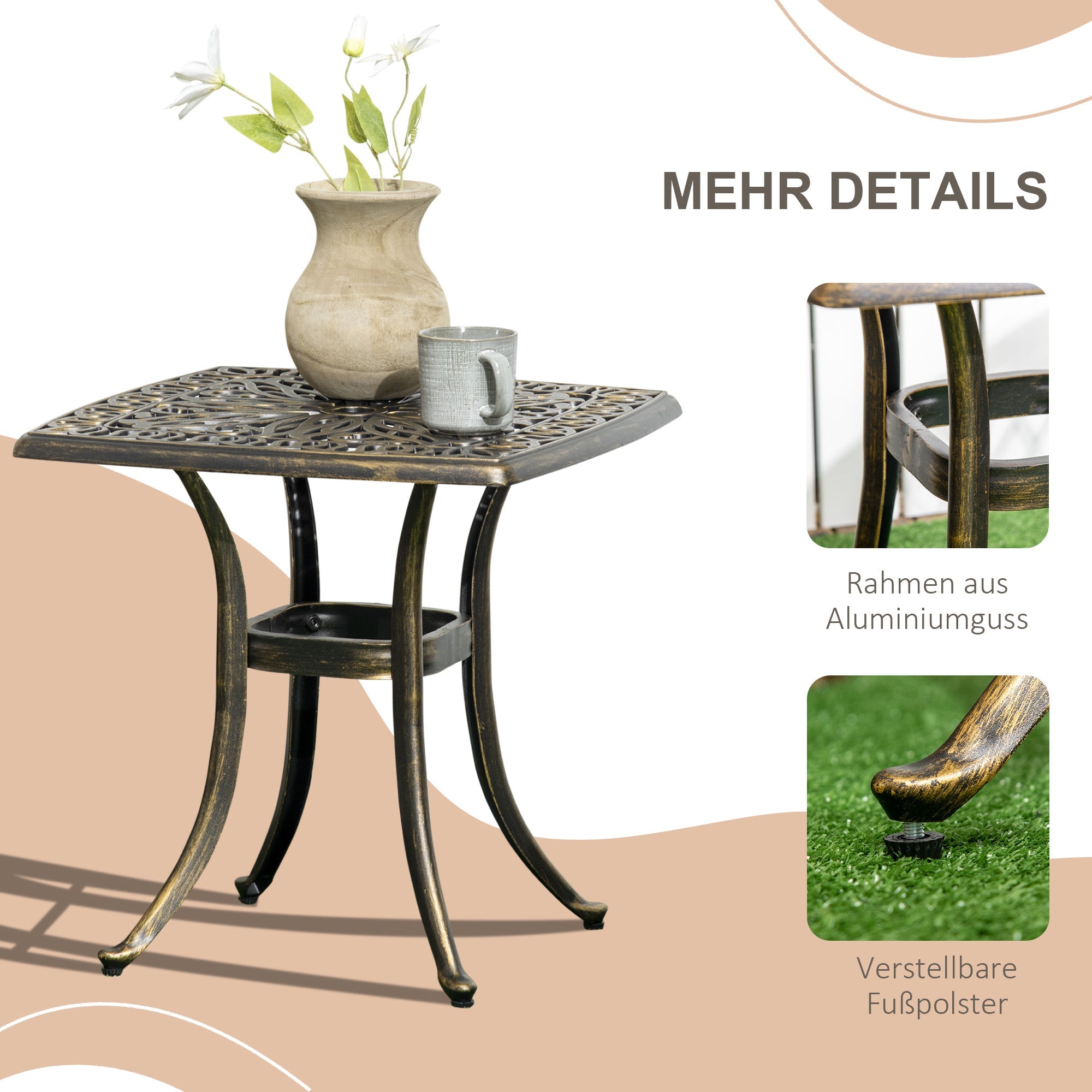 Side Table/Patio Table 54x54x52.5cm Parasol Hole Aluminum Frame Bronze