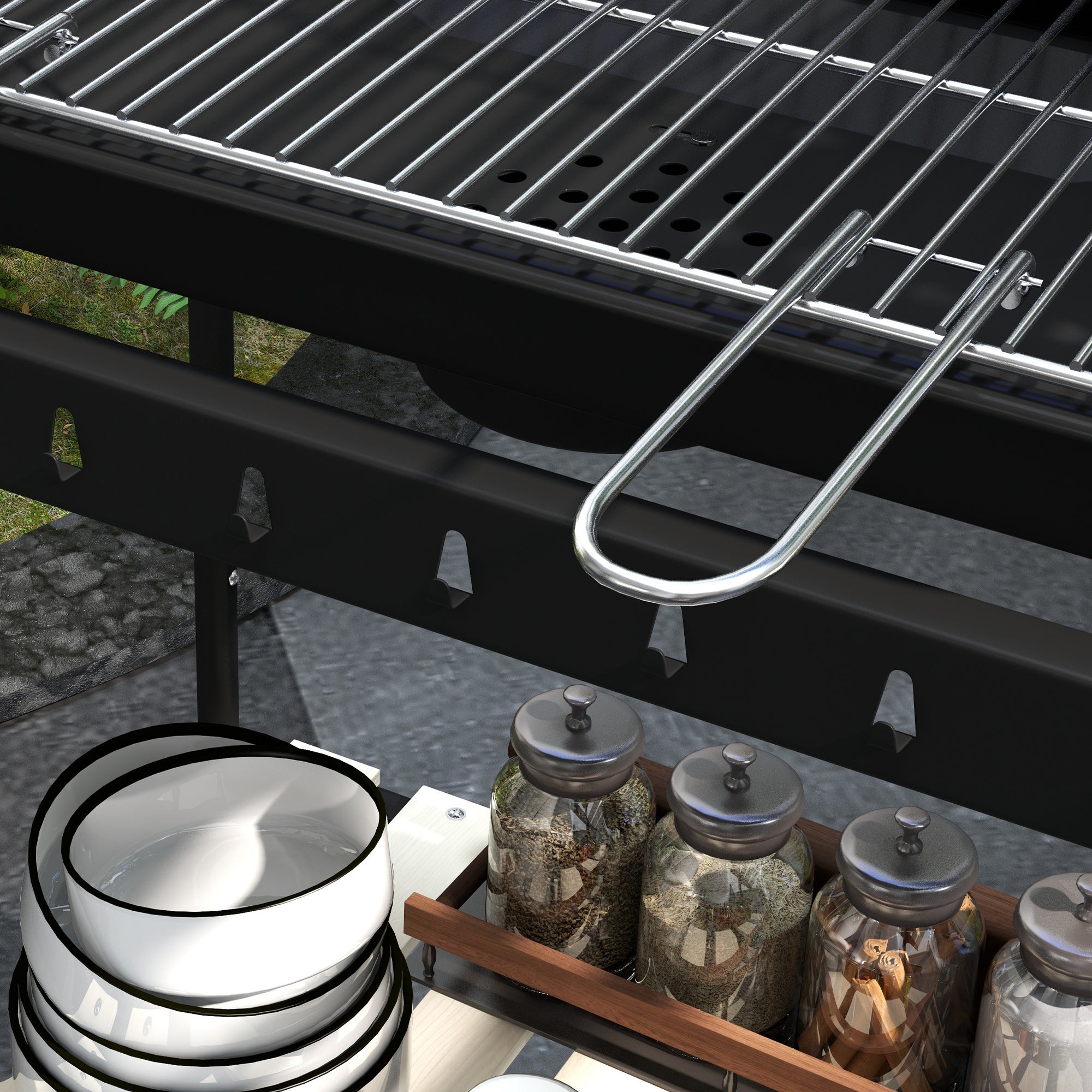 Charcoal Grill BBQ Smoker with Wheels, Adjustable Grate, Wood Shelf, Metal