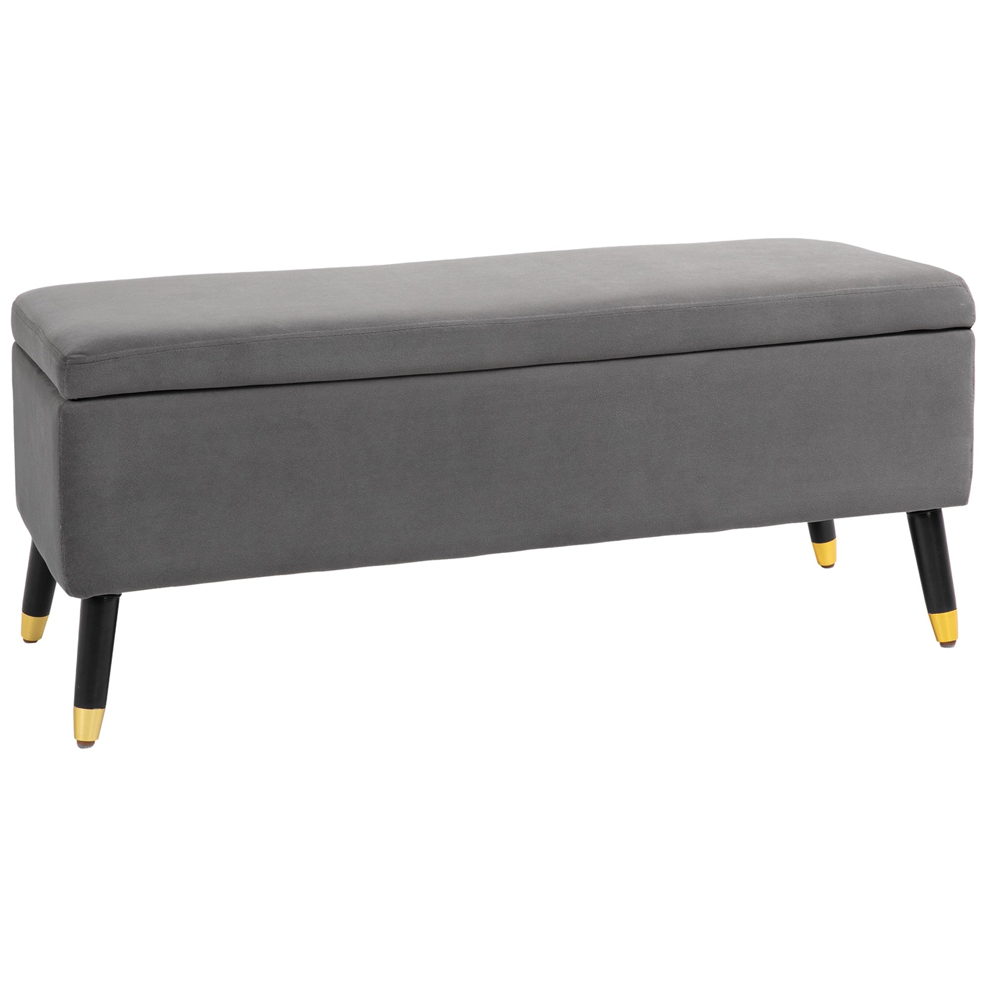 Upholstered bench with storage space, metal and rubber wood, charcoal grey