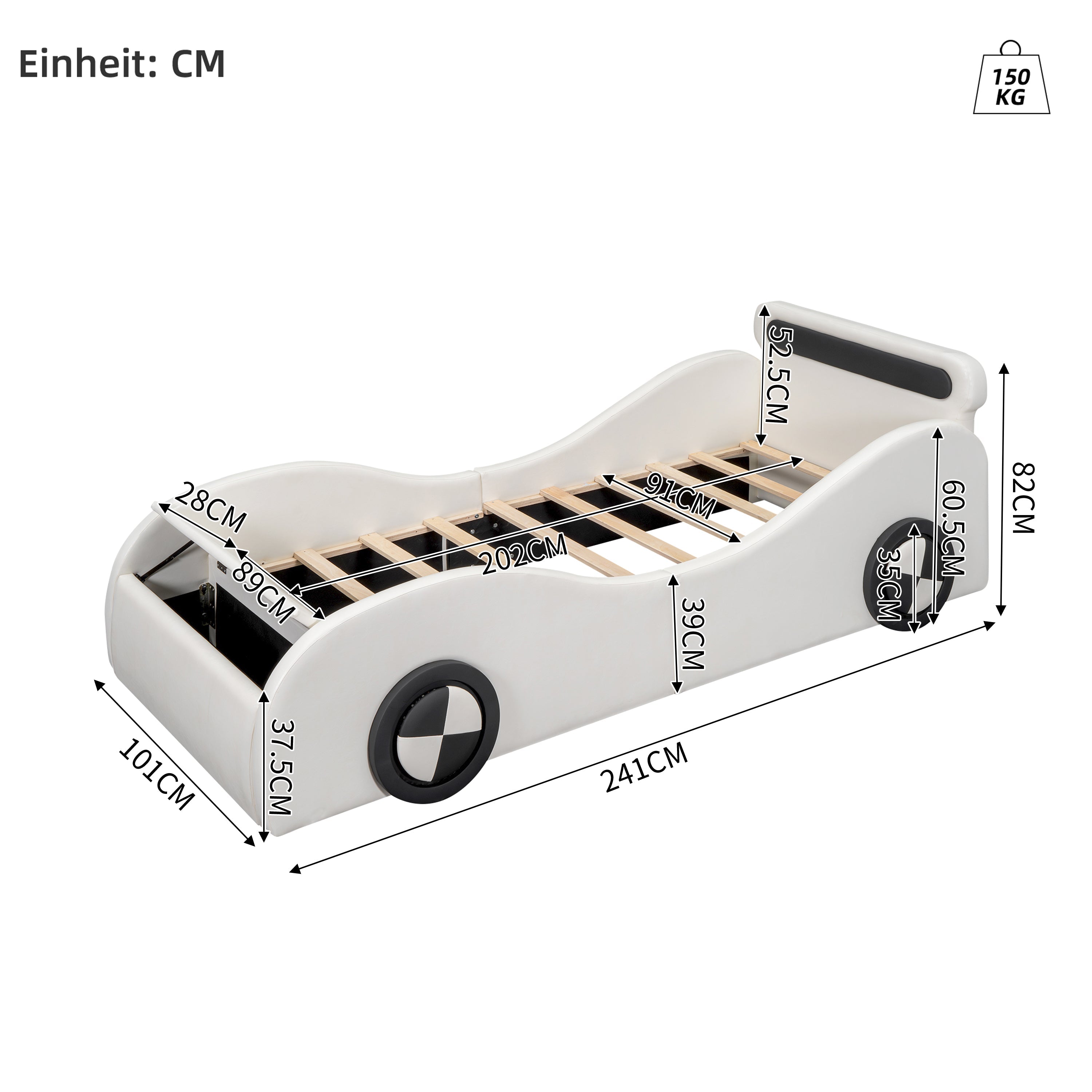 Car Shaped Upholstered Bed with Light-up Wheels and Storage, White PU