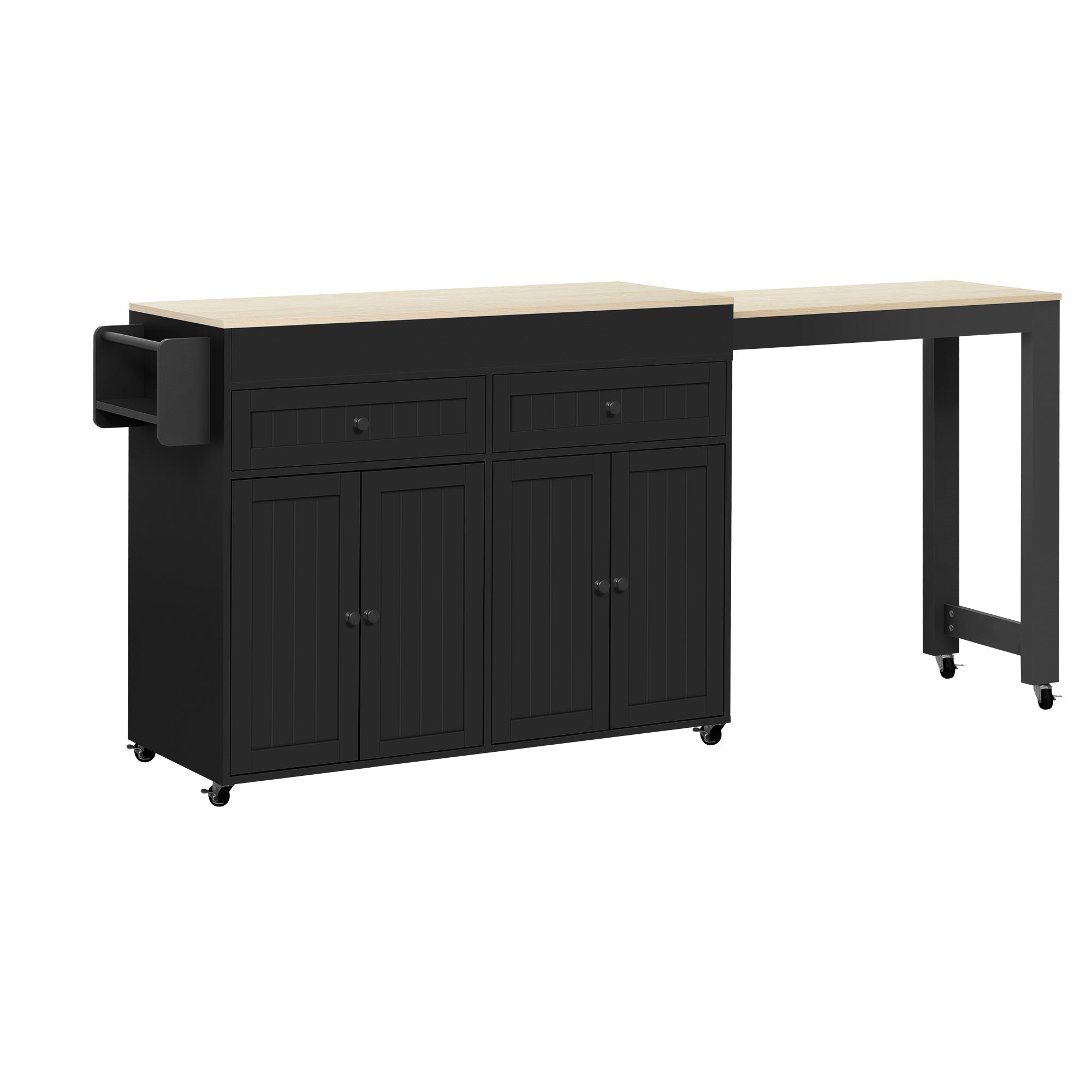 Kitchen Island, Mobile with Extendable Dining & Drawers, Black + Natural