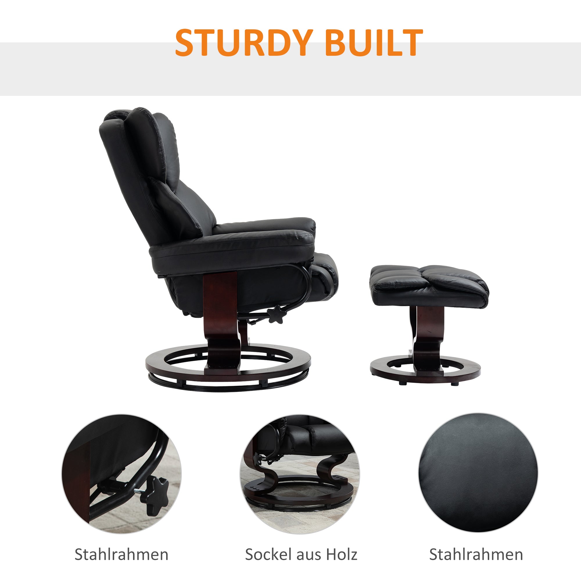 Reclining Armchair with Footstool, Swivel TV Armchair Faux Leather Black