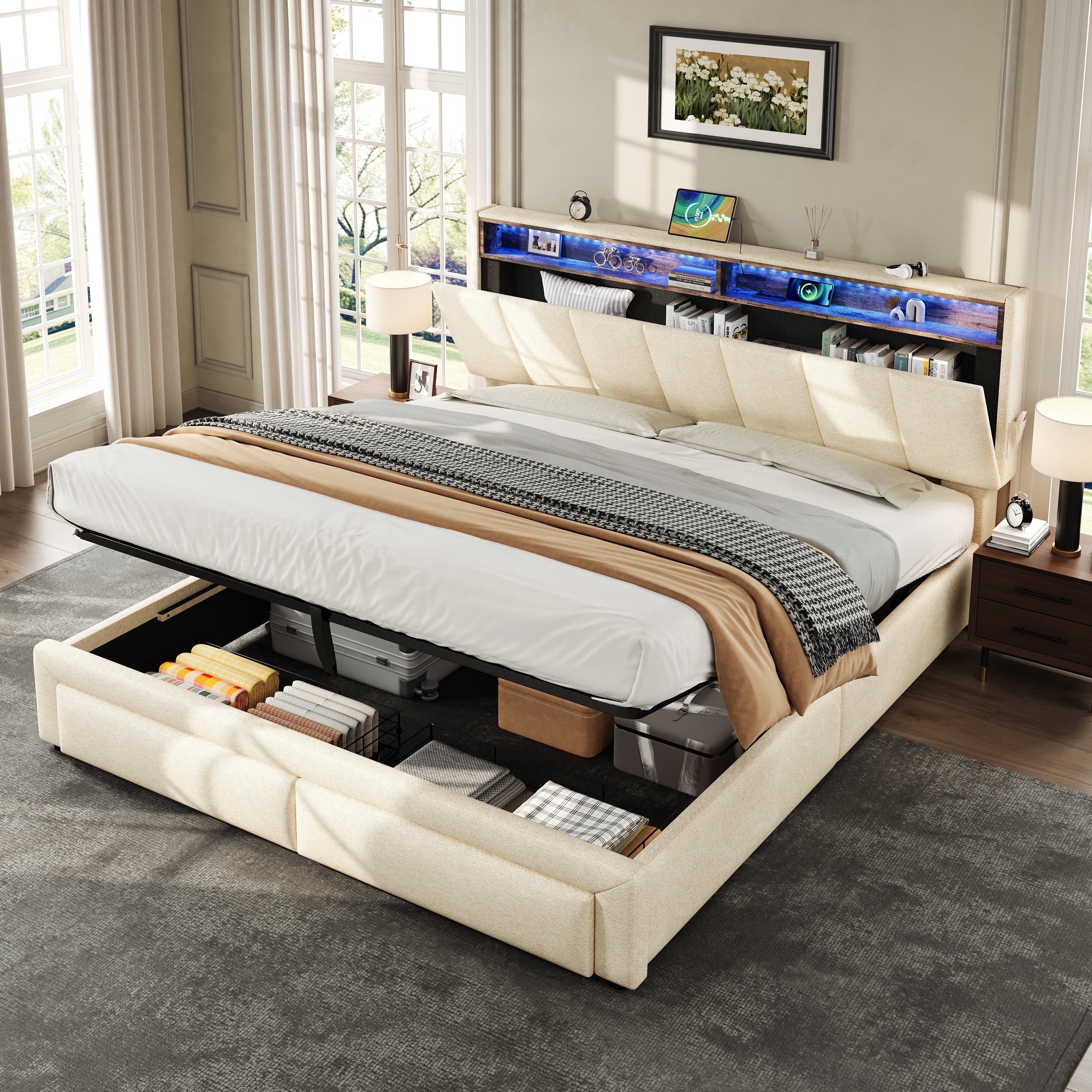 5ft King Upholstered Bed Frame, Hydraulic & Drawers Storage, LED Adjustable Headboard, Linen Beige