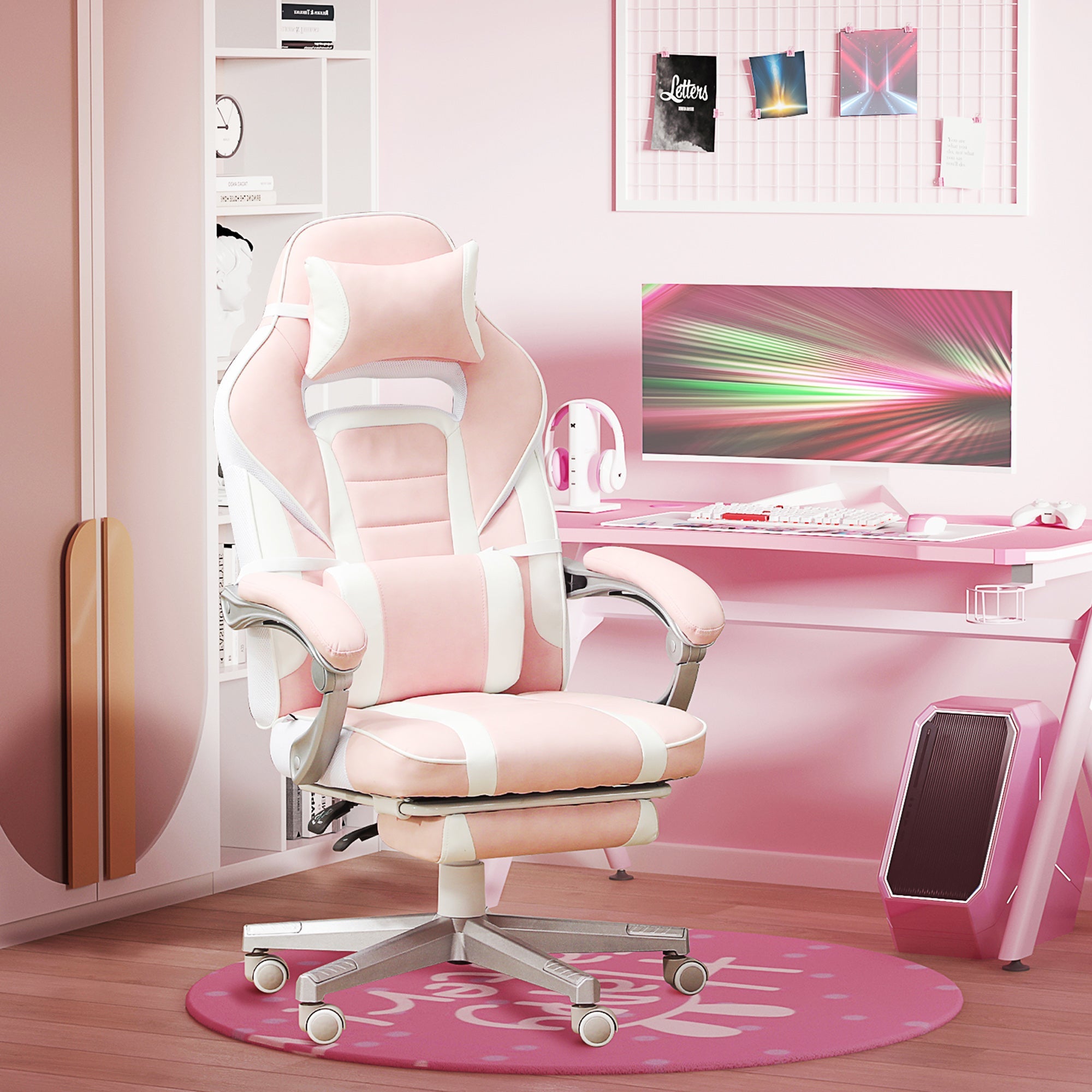 Gaming Chair Reclining with Footrest Faux Leather Pink/White