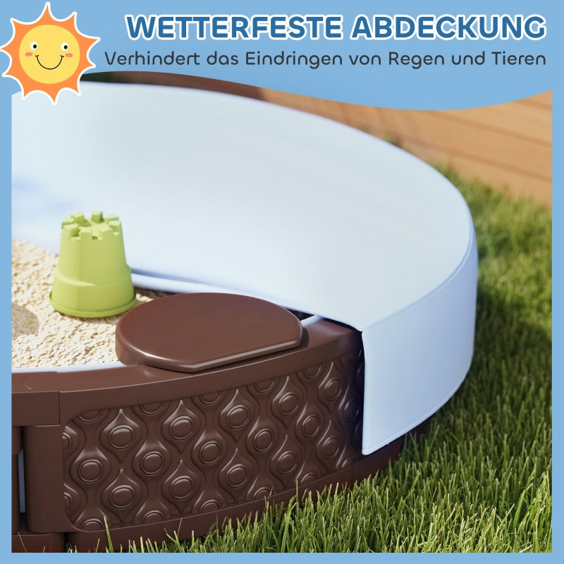 AIYAPLAY Sandpit Sandbox with 3 seats, waterproof base, weather-resistant protective cover, for 1.5-5 year old children, dark brown