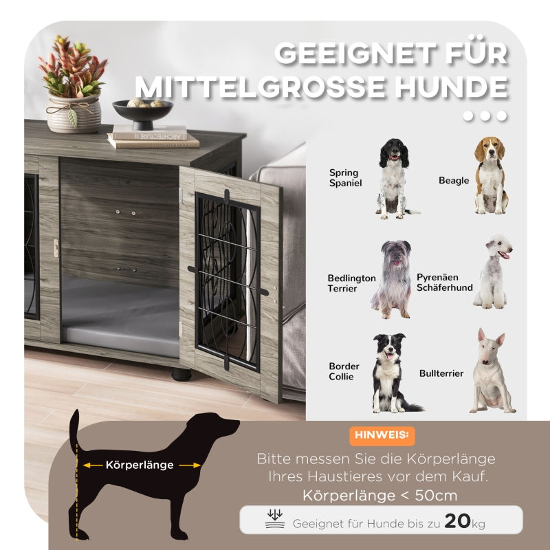 Dog Crate with Cushion, 20 kg/50 cm, Metal, Grey/Wood Decor