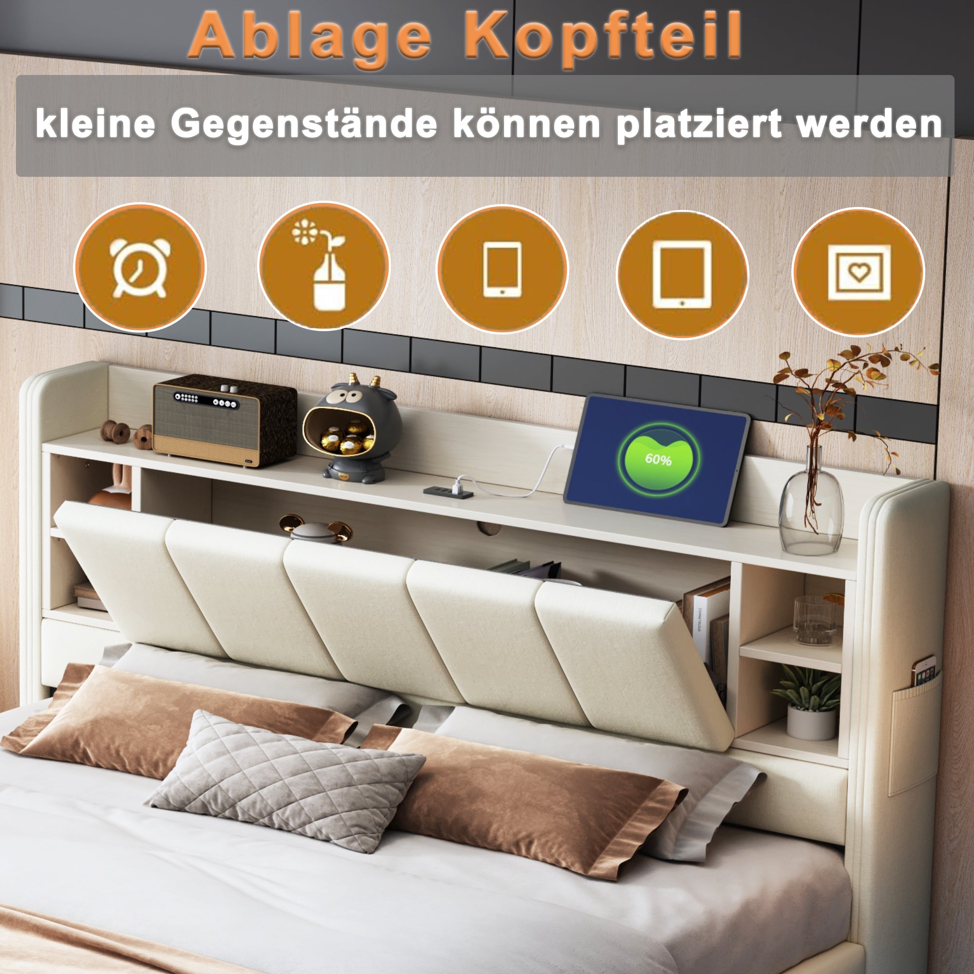 Upholstered Bed 160x200cm, USB Socket, LED Light, Reversible Headboard Storage, Linen Beige