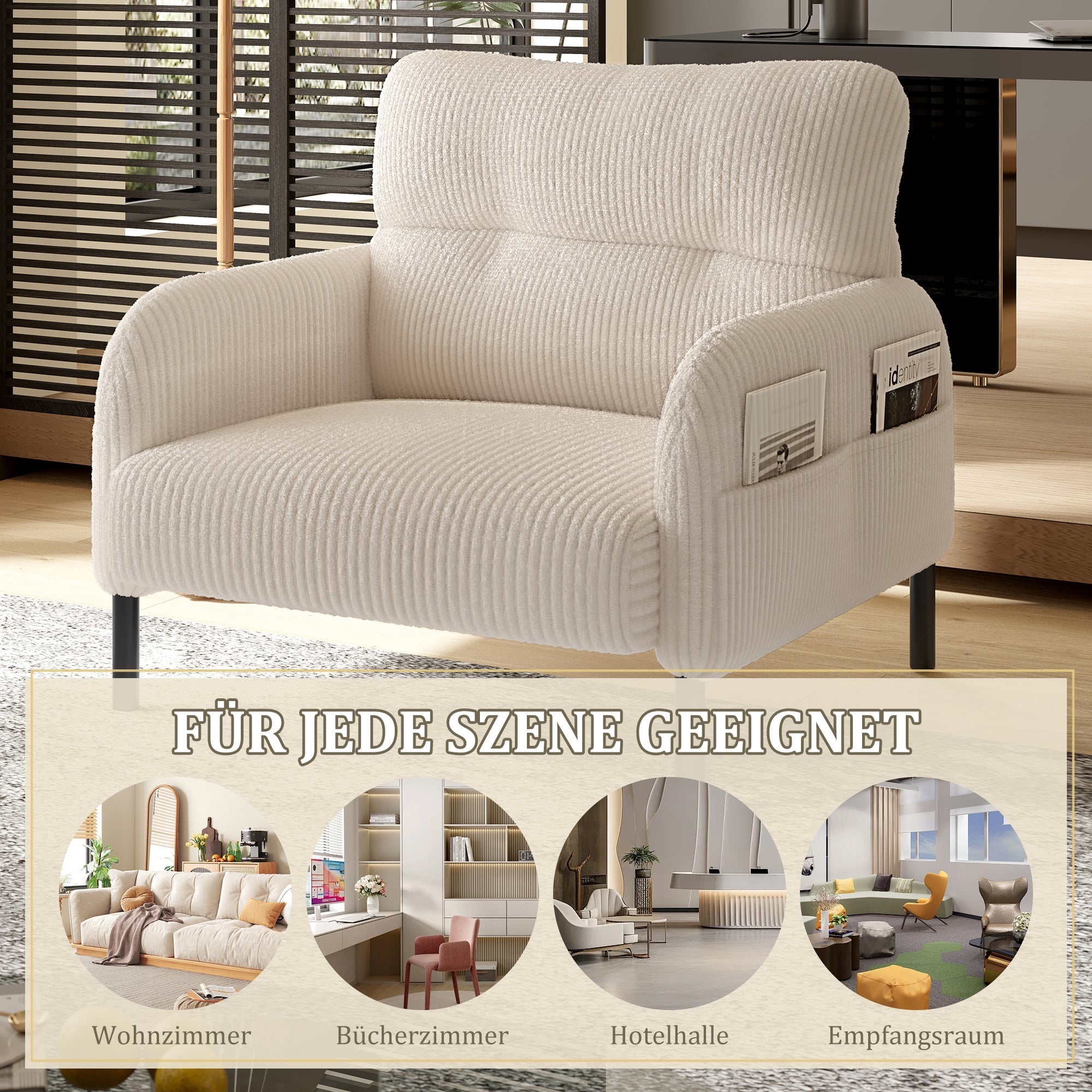 Sofa/Chair Comfortable Seat Depth, Armrests with Side Pockets, Solid Structure, Velvet Fabric