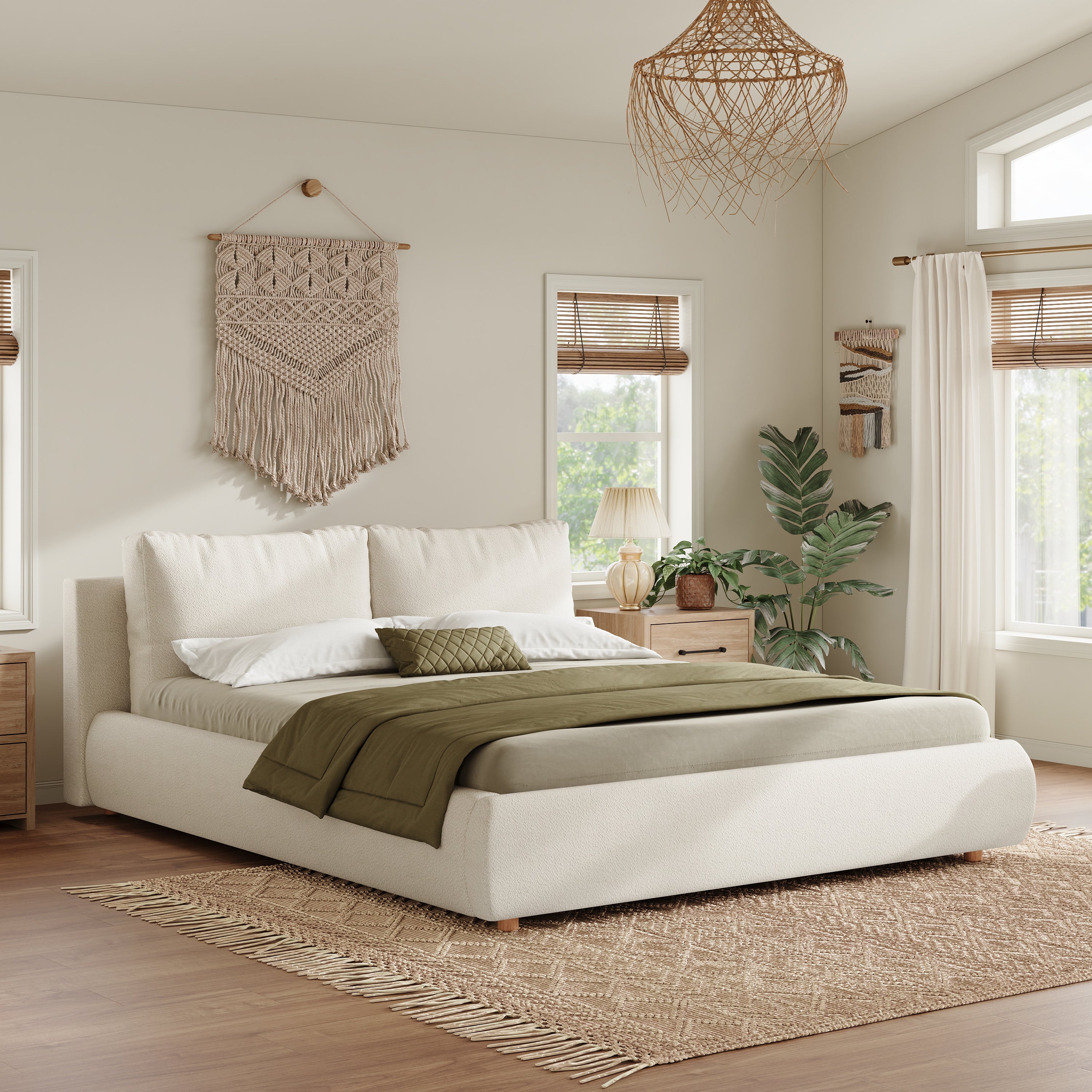 Ottoman Storage Bed Frame, 4ft6 Cloud Upholstered Bed with Cushions, Warm White Boucle