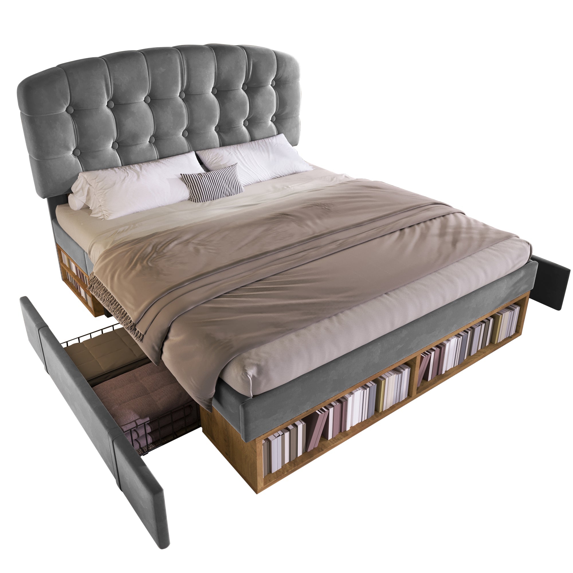 Upholstered Double Bed, 140x200cm with Storage Drawers and Adjustable Headboard, Grey Velvet