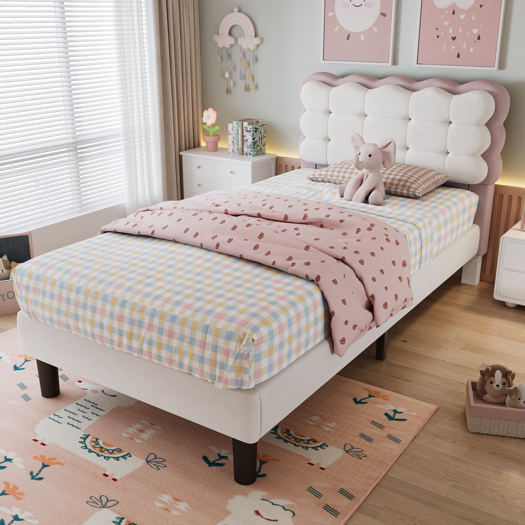 Upholstered Bed, Children's 3ft Single Biscuit Velvet Backrest, Beige+Pink