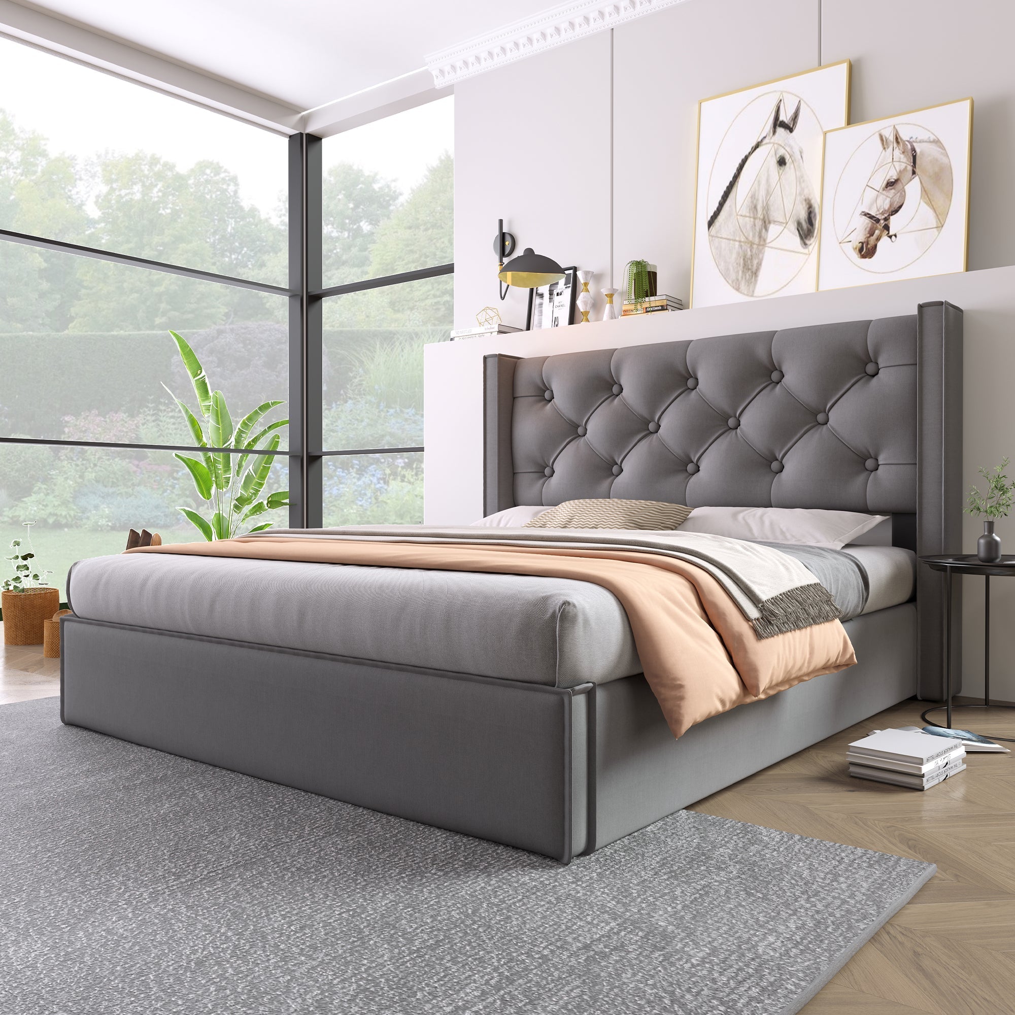Hydraulic Double Upholstered Bed, 160x200cm, Metal Frame, Storage, Cotton, Grey