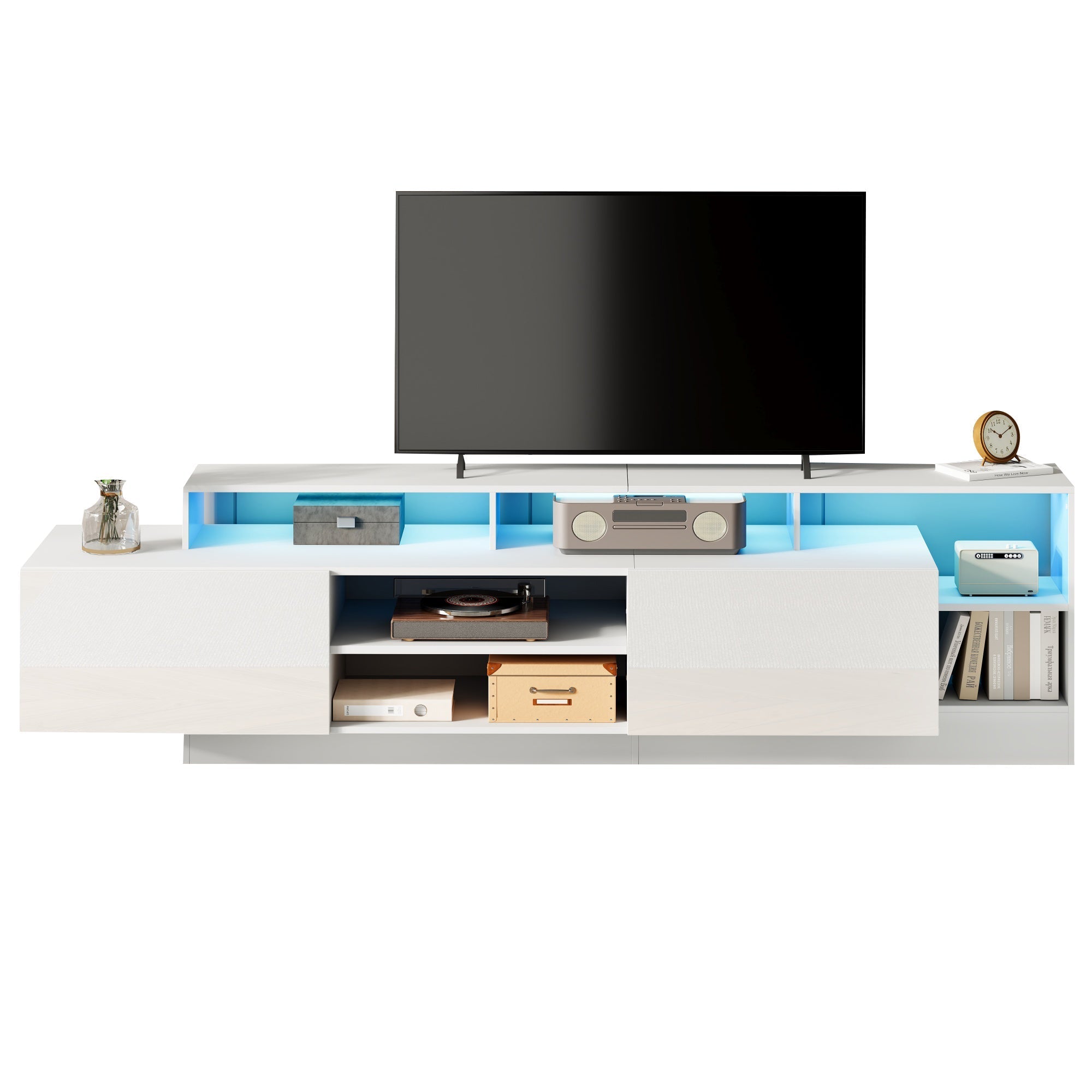 Modern TV Lowboard 190cm LED Open Storage for 70" TV - High-Gloss