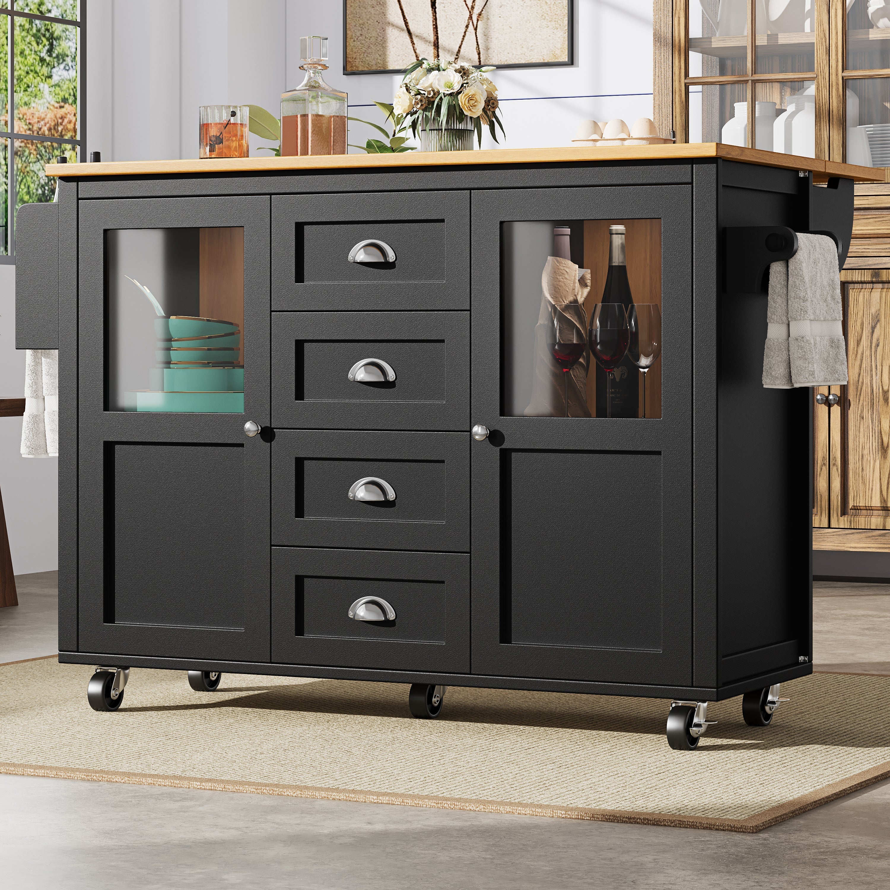 Extendable Kitchen Island Mobile Storage Drawers Spice Rack - White/Black