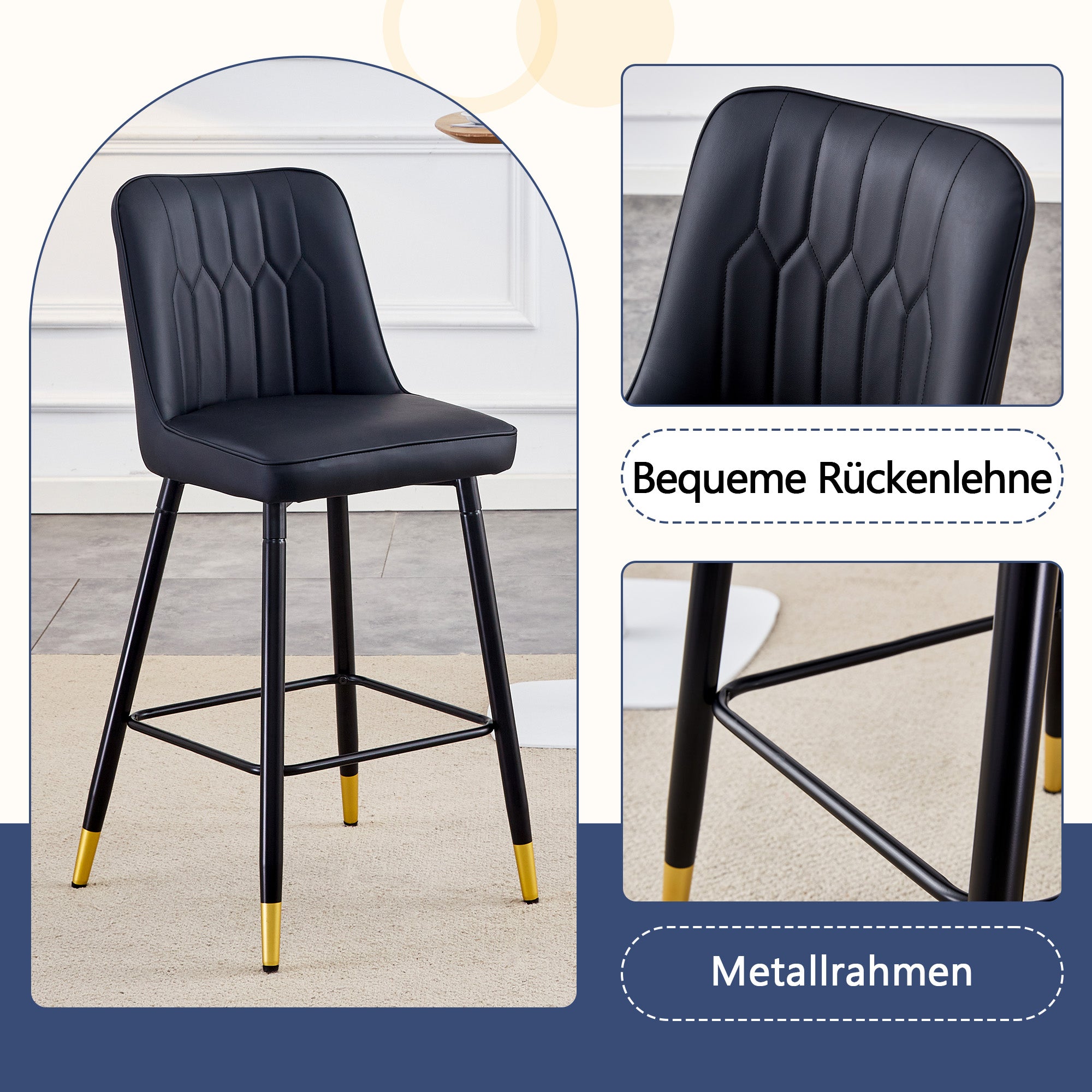 Set of 2 Bar Stools 100cm High Footrest - Black PU Leather