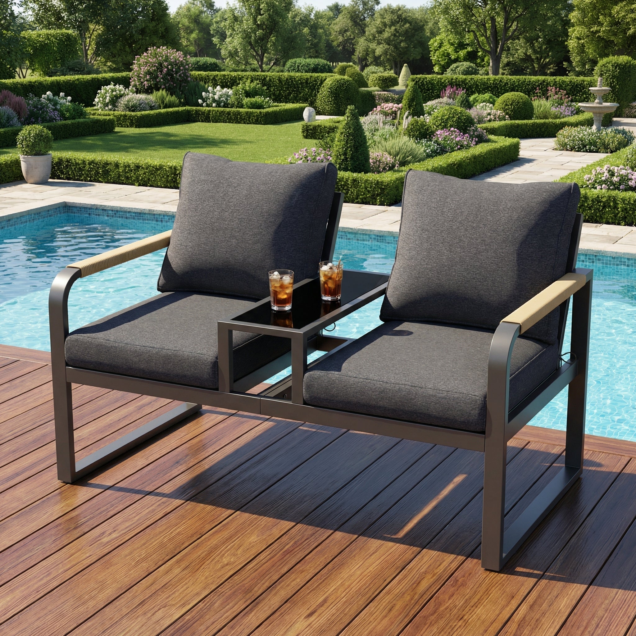 Garden Furniture Set, 2-Seater Outdoor Sofa with Glass Top and Woven Armrests, Grey Galvanized Iron