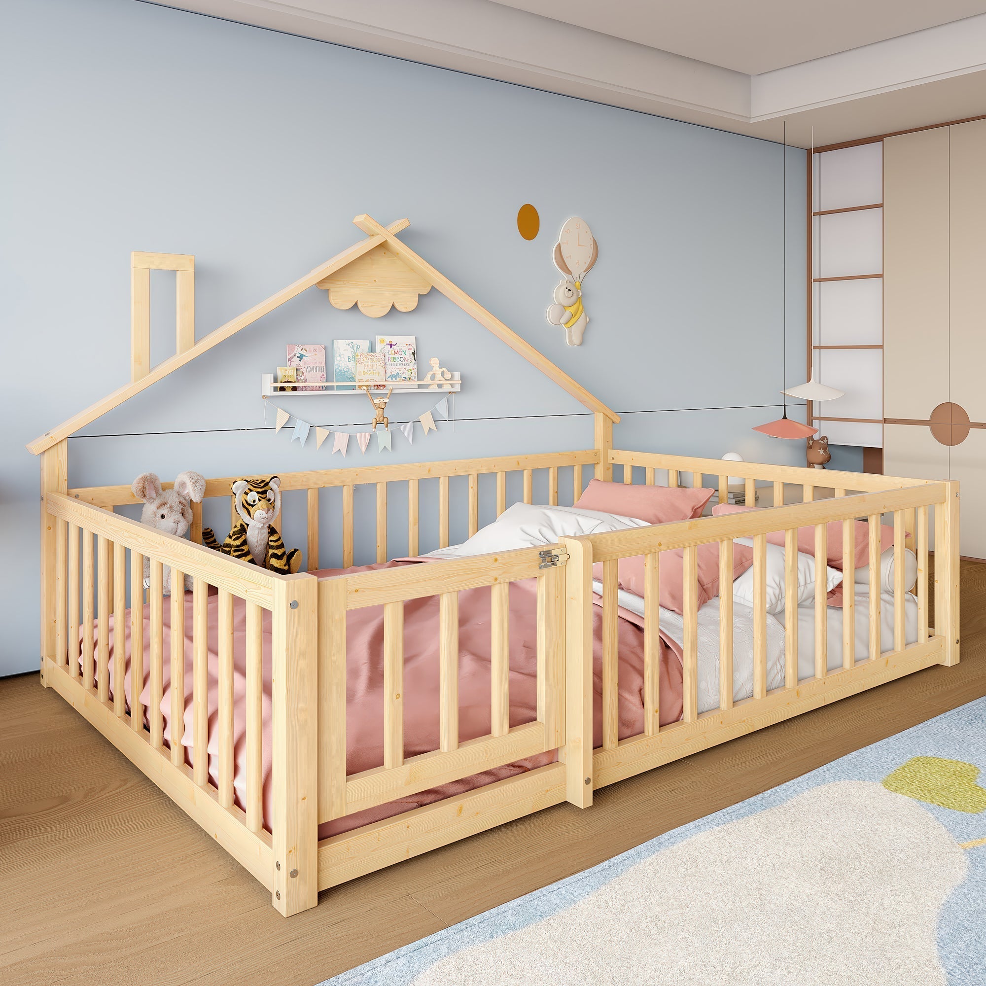 Flatbed 140x190cm House Rail with Lock - Pine Wood Natural