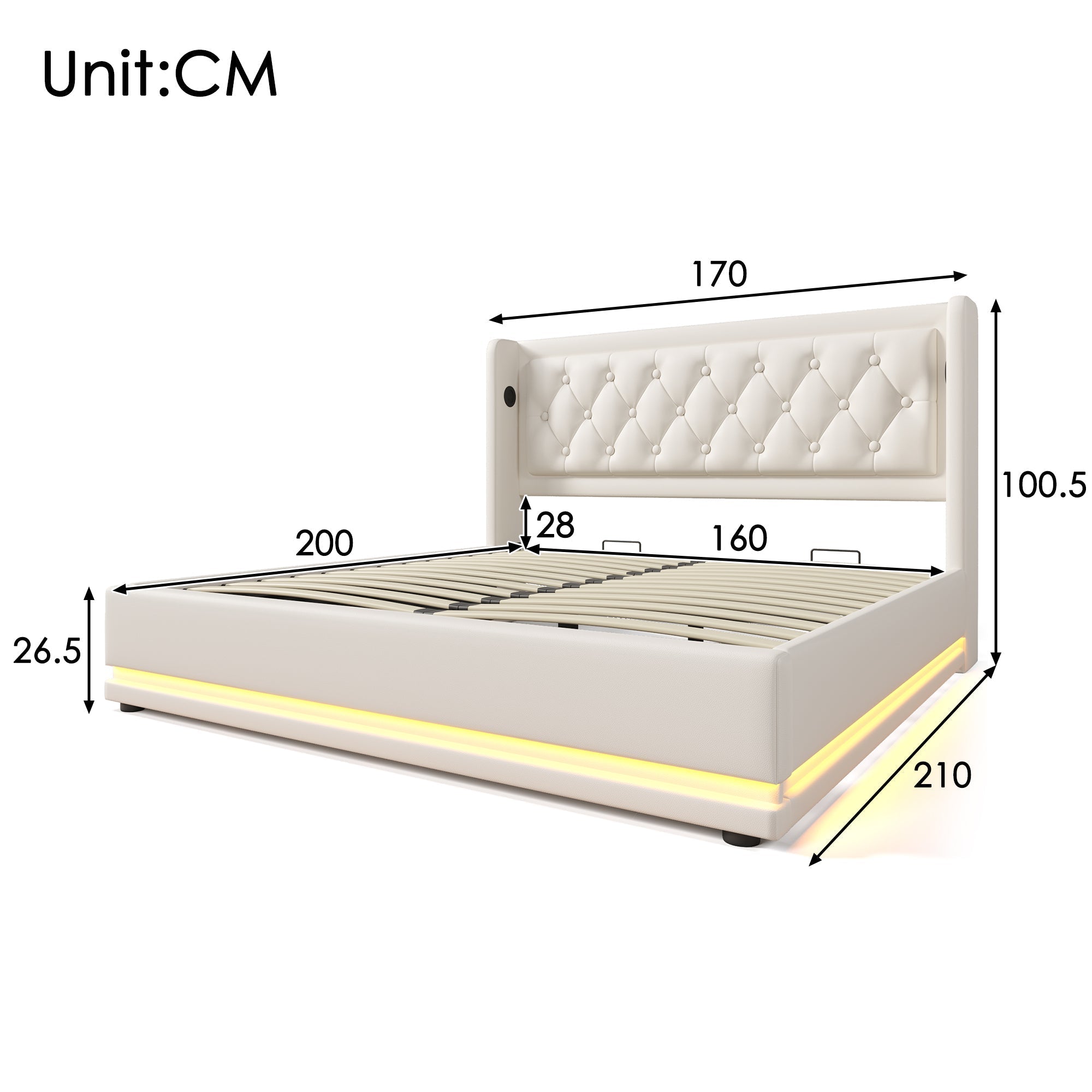Upholstered Double Bed, Hydraulic Storage, USB-C, LED, White PU