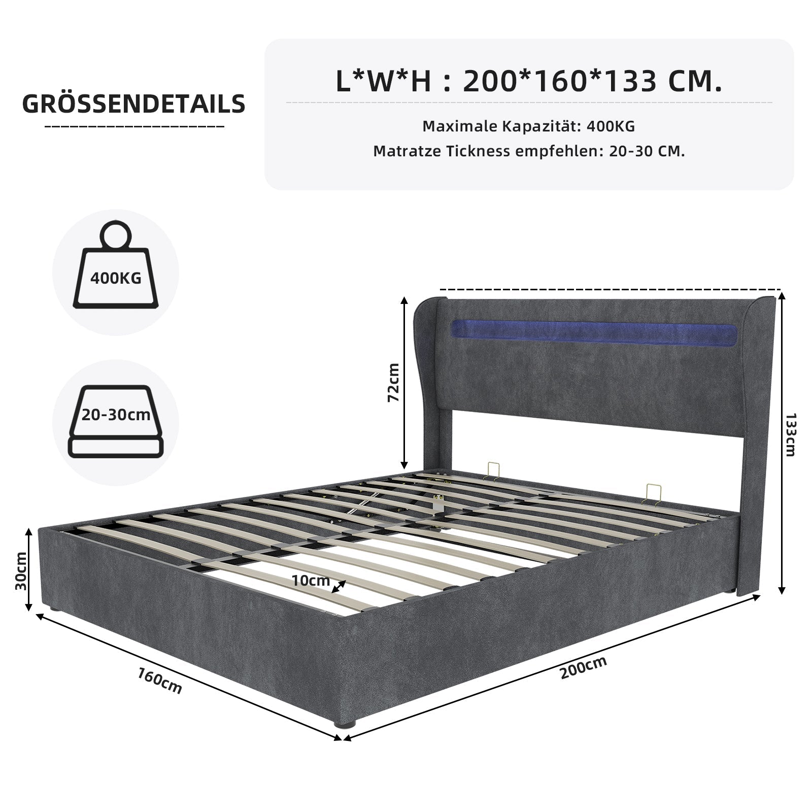 Modern Minimalist Upholstered Bed, LED Headboard, 160x200cm, Grey