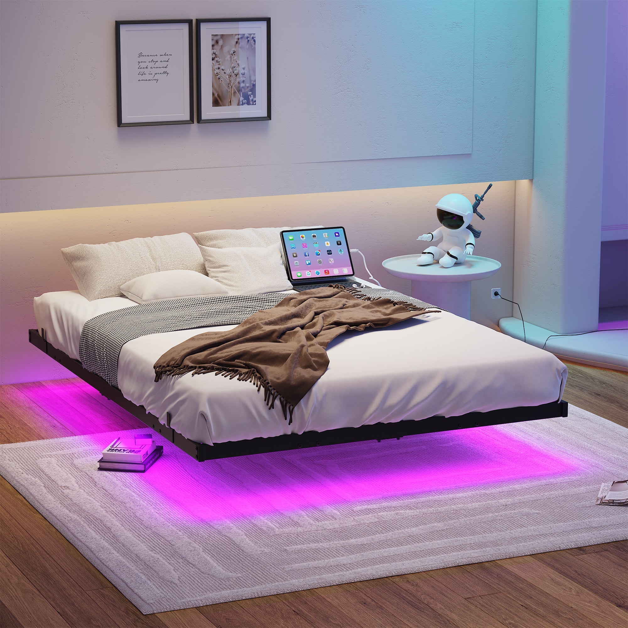 Floating Bed Frame 140x200cm LED & Charging Station, Metal Black