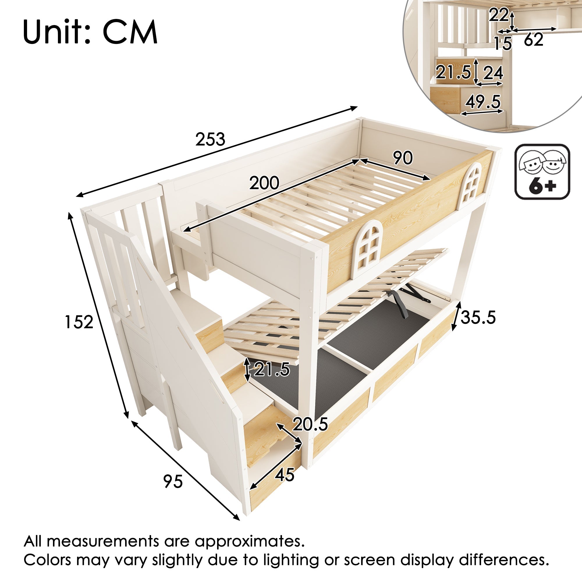 Children's Bunk Bed 90x200cm Staircase Wardrobe Storage White and Natural