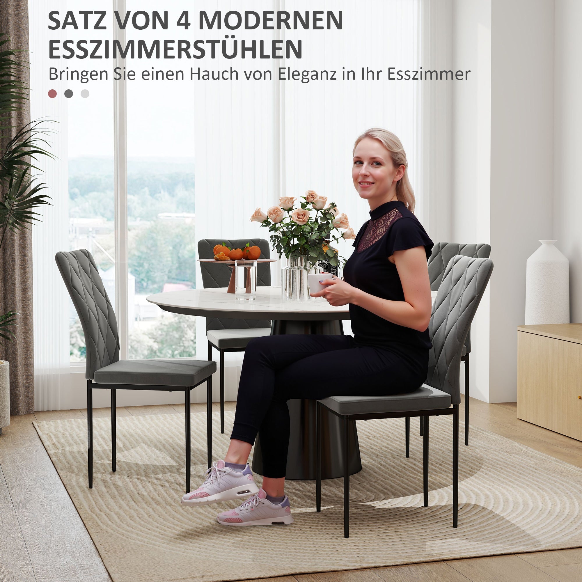 Esszimmerstühle 4er-Set mit Rückenlehne, Metallbeinen, dunkelgrauem Samt