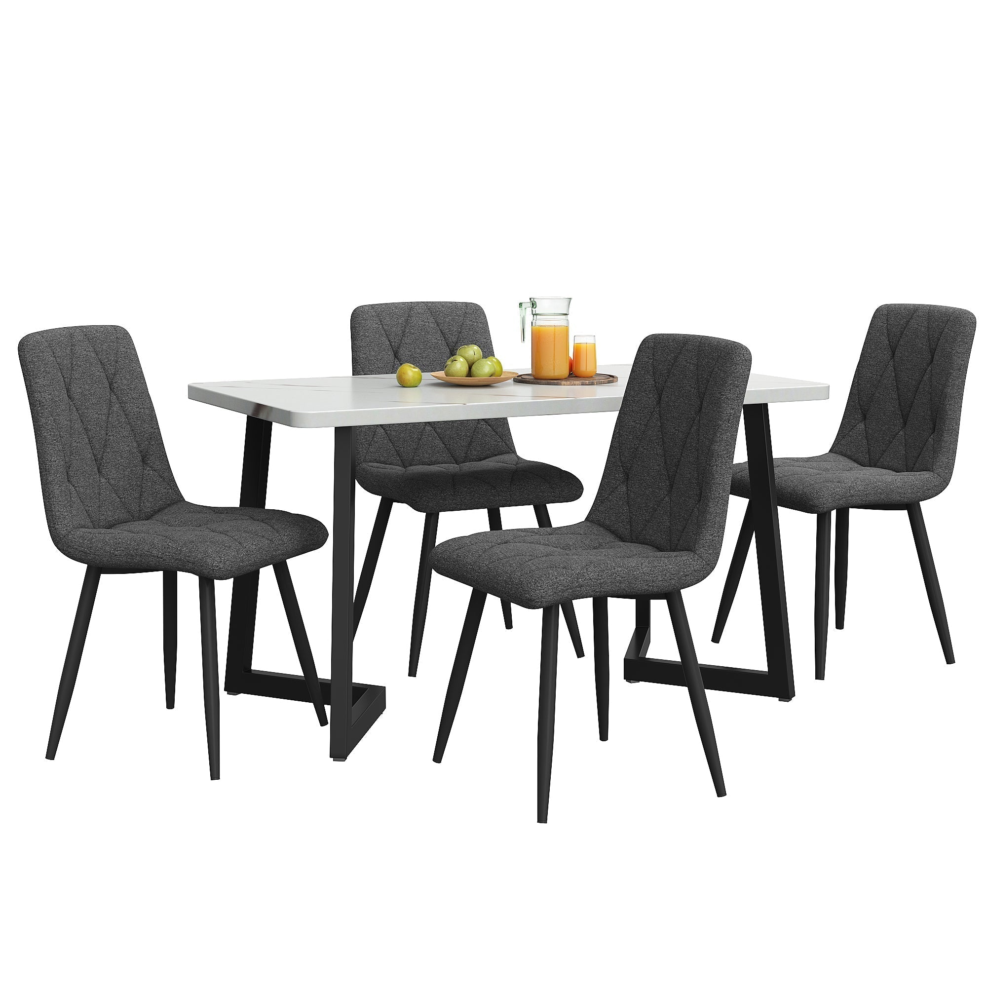 Dining Set 5-Piece Rectangular Table 117x68cm with 4 Chairs, Dark Grey Twill Linen Fabric and Black Metal Legs