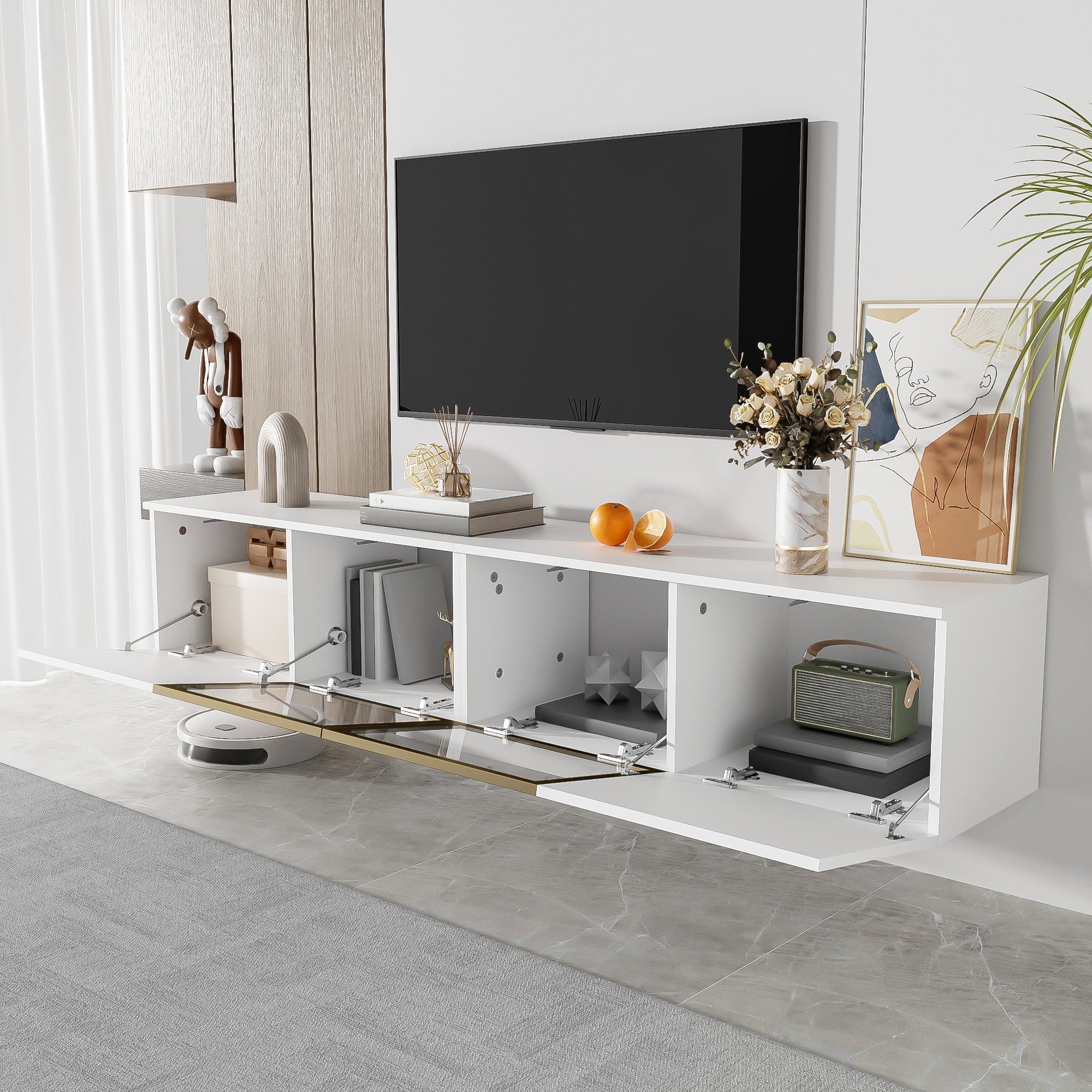 TV Cabinet 170cm Minimalist Style, Floor and Wall Mounted, 4 Doors (2 Glass Doors), White