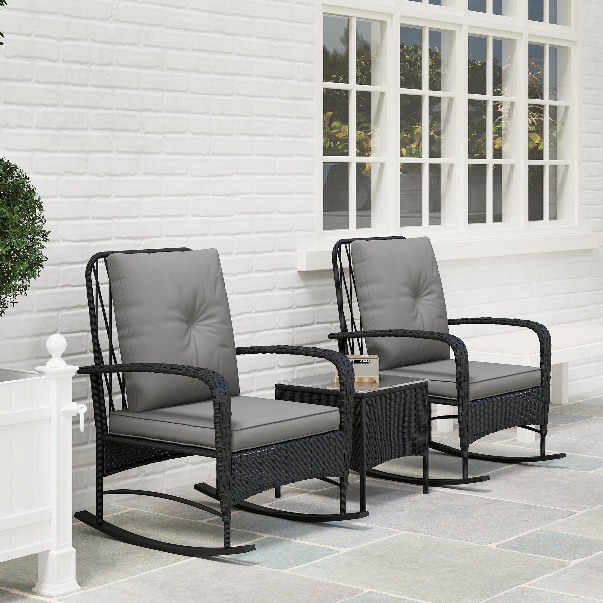 Three-Piece Bistro Set, Rocking Chair Rattan, Black