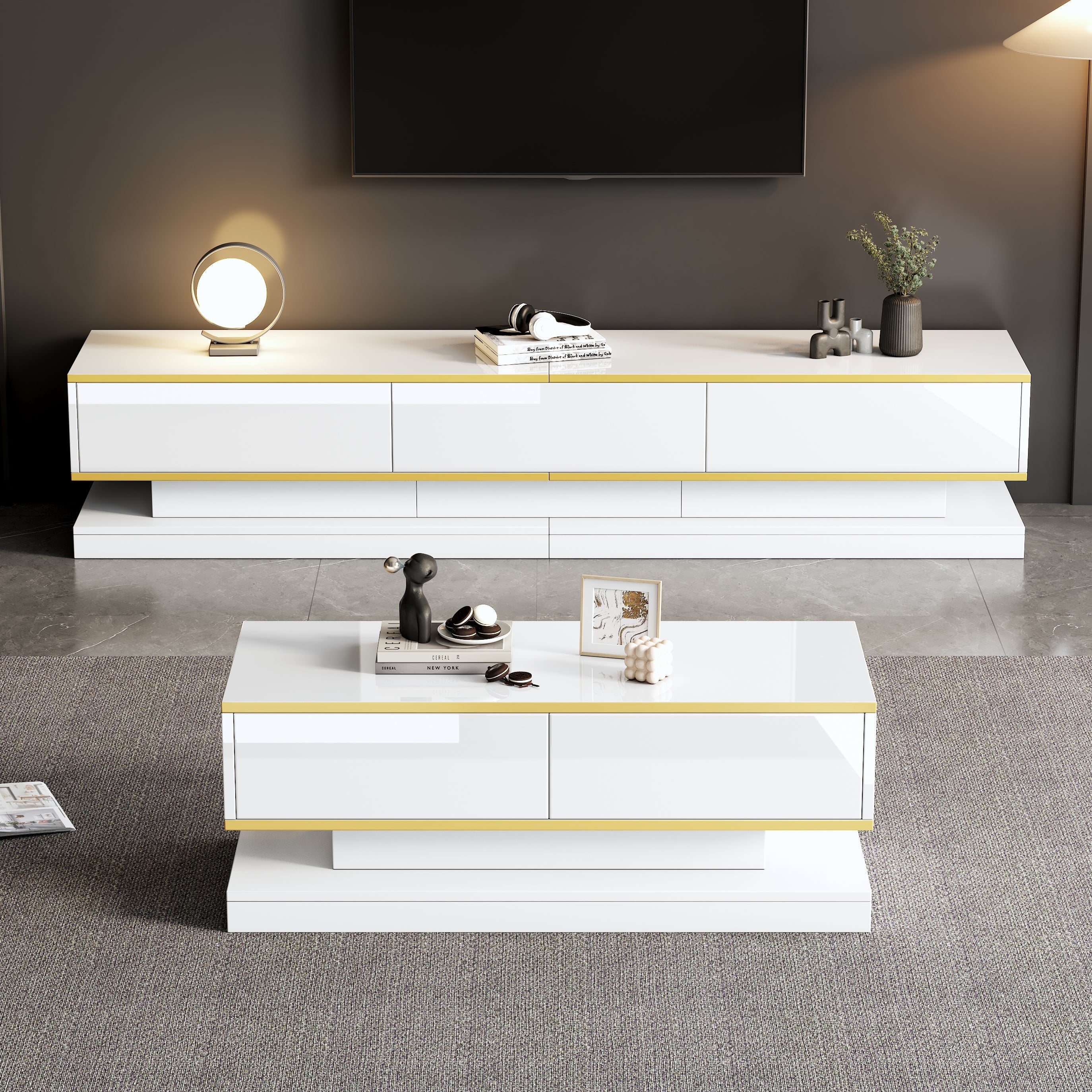 TV Stand & Coffee Table Set with 3-Drawer TV Console & 2-Drawer Coffee Table, White High Gloss & Gold
