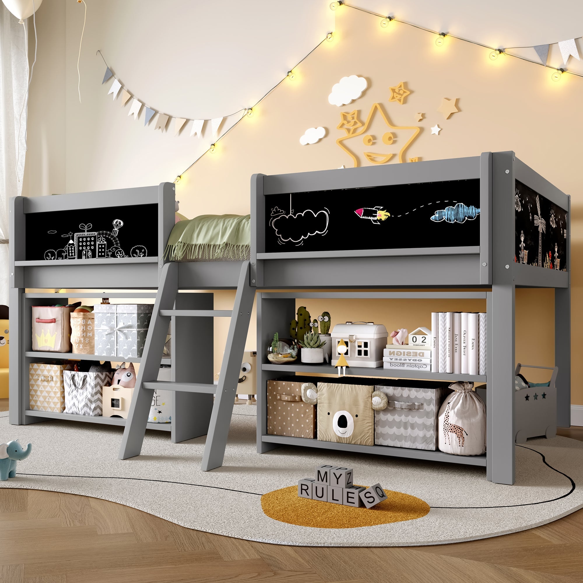 Mid-height Bed 90x200cm Storage Shelves Railing Ladder Pine Wood, Grey