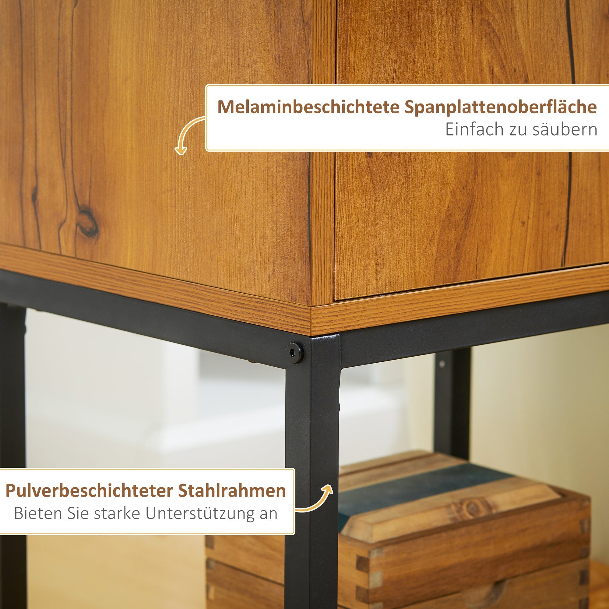 Console Table with Cabinet, Industrial Design, Natural Steel