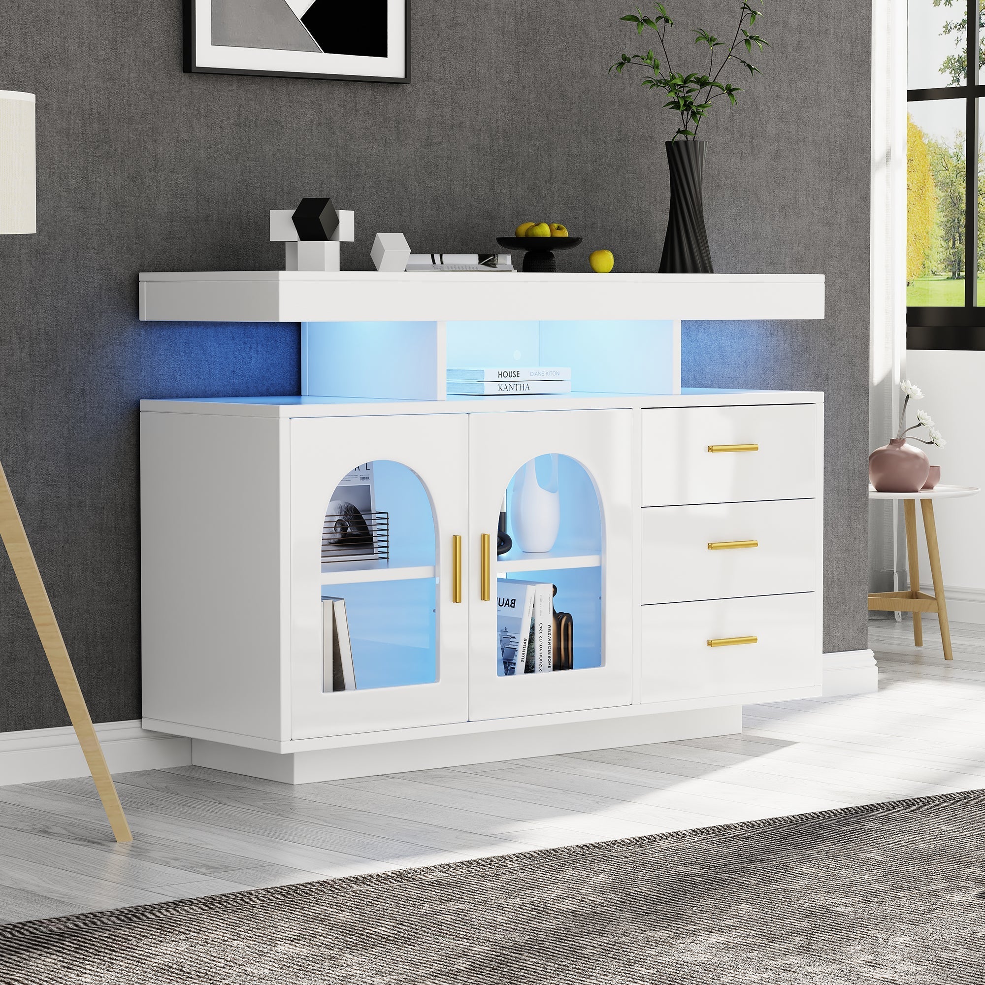 LED Sideboard Buffet 120cm High Gloss Coffee Bar Drawer Cabinet 16 Color Lights White