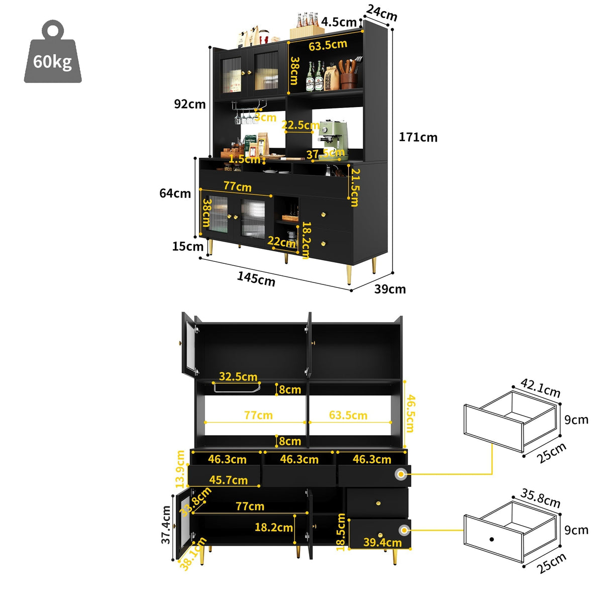 Dining Room Tall Cabinet 145x39x171cm Perforated Glass Doors Wine Rack Storage - Black/Gold