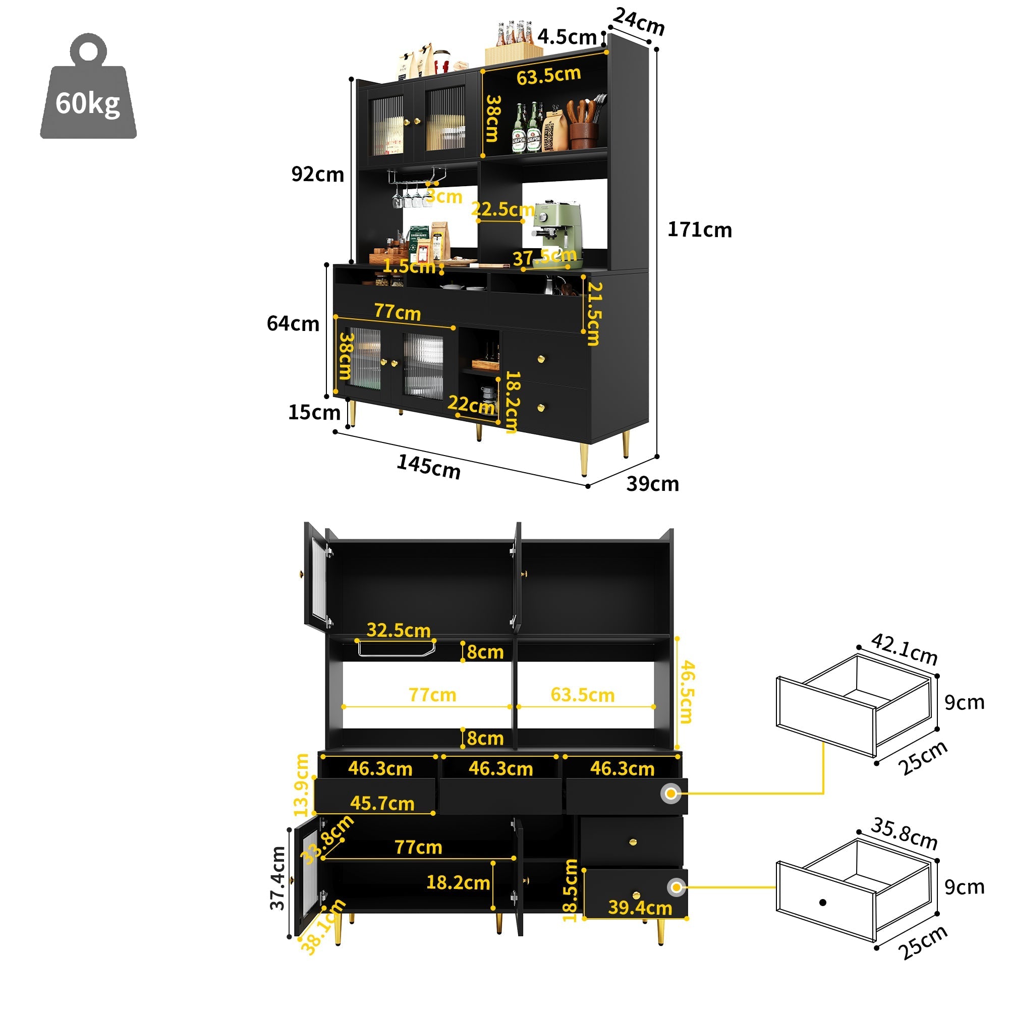 Dining Room Tall Cabinet, Changhong Glass Doors, Wine Glass Rack, Multi-Layer Storage, Black with Gold Decor
