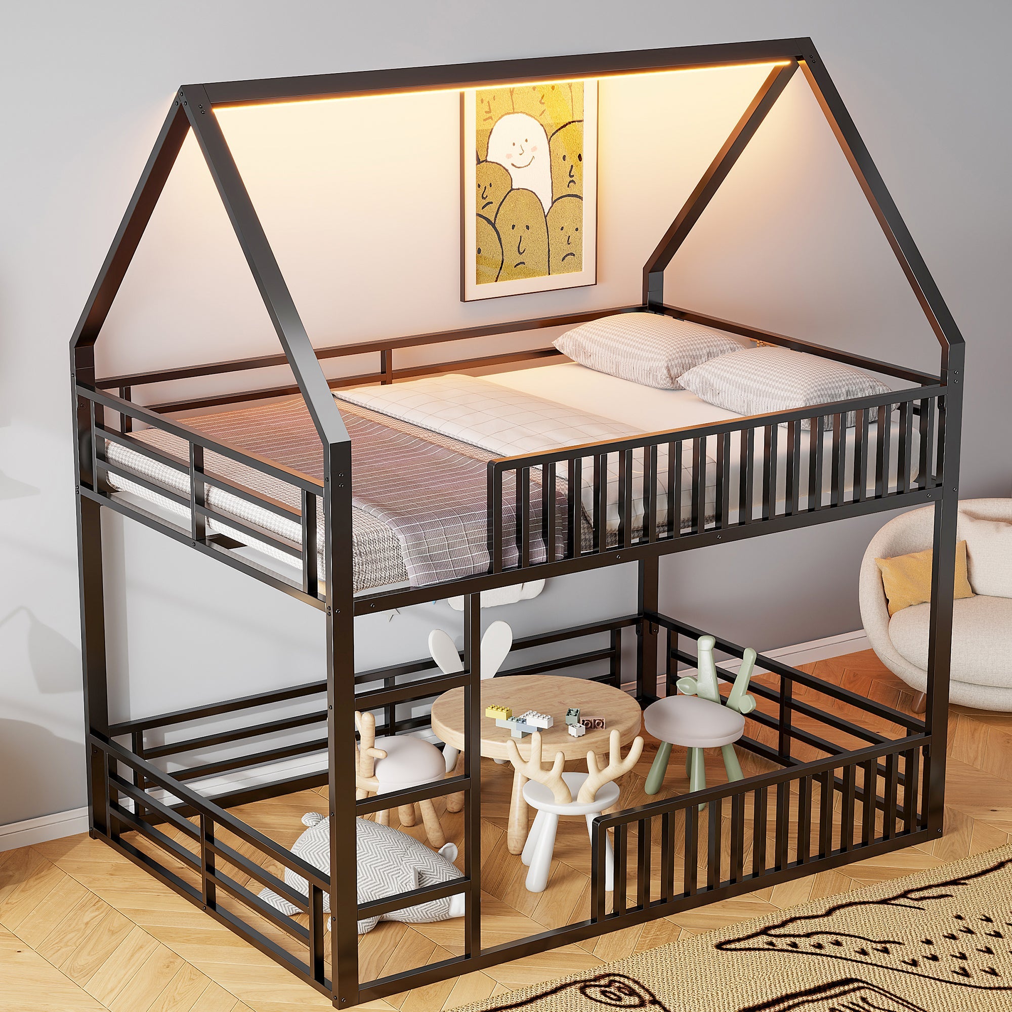 Bunk Bed 140x200 House Design Fence LED Light - Black