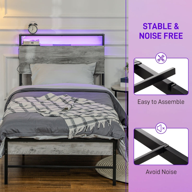 Single Bed Frame with LED Lights and Headboard Shelf, Steel Grey