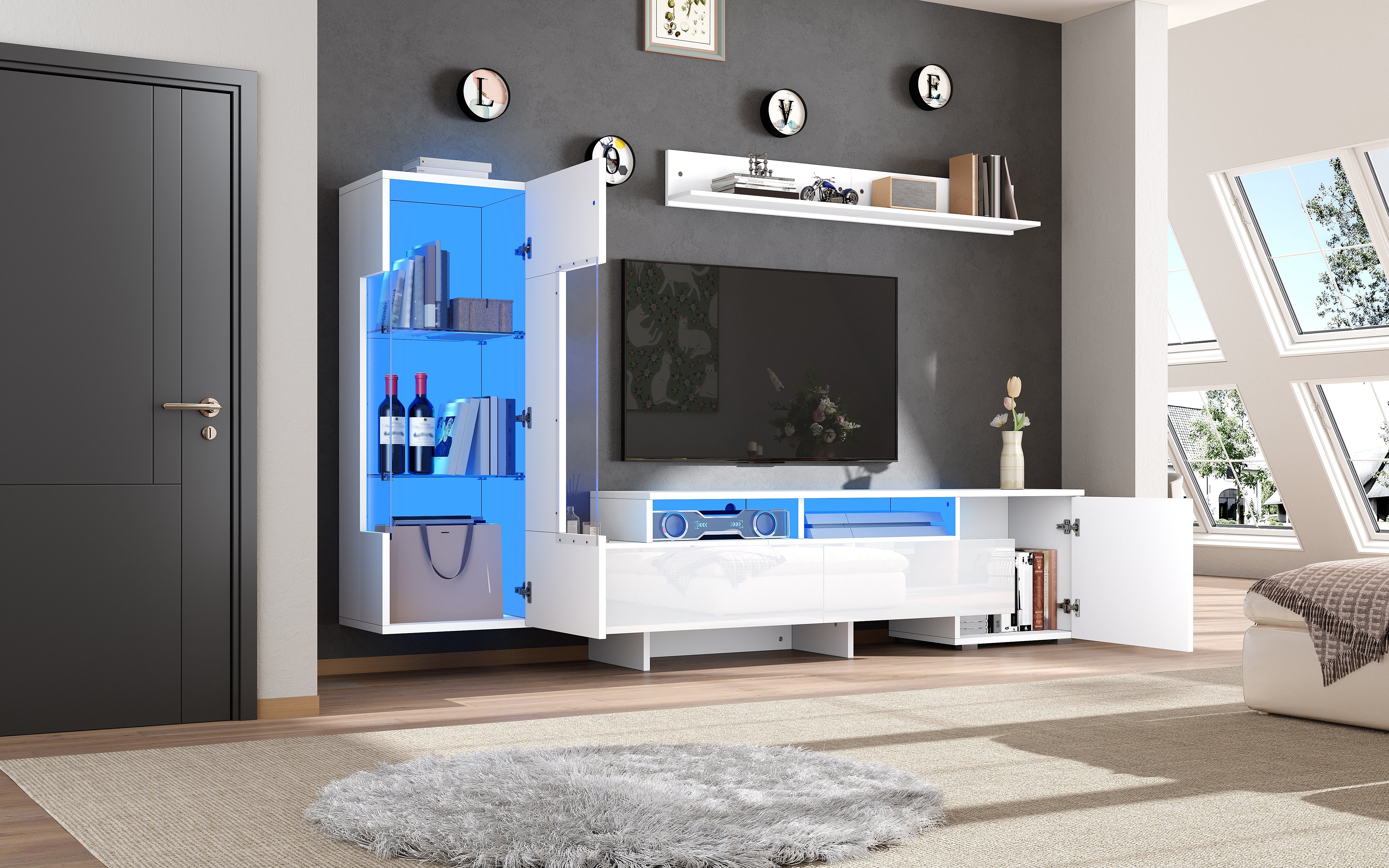 3-Piece TV Wall Unit Set High-Gloss LED Modern Wall-Mounted White