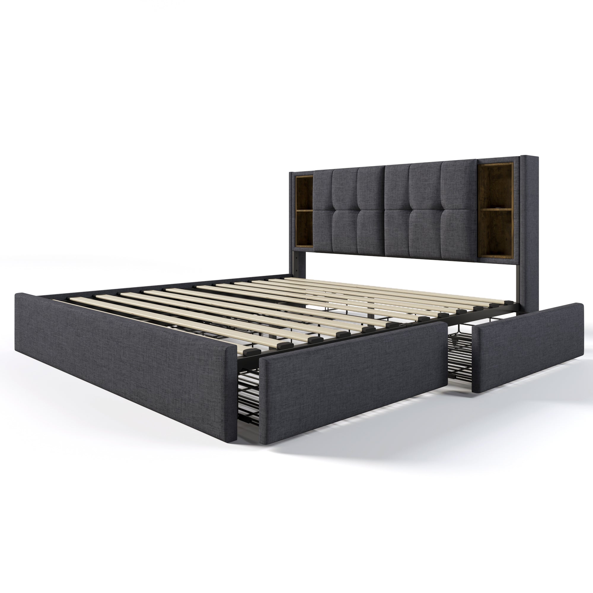 Double Bed, Wireless Charging & 4 Drawers, 160x200cm Grey Linen