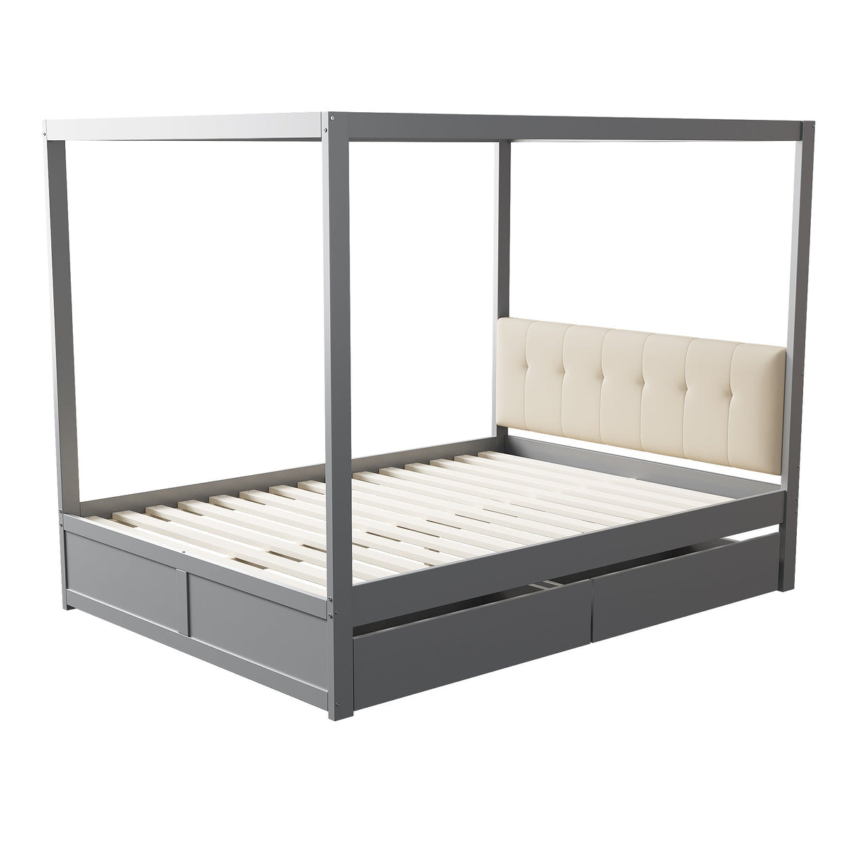 Canopy Bed 140x200cm Large Drawers Soft Headboard, Wooden Grey