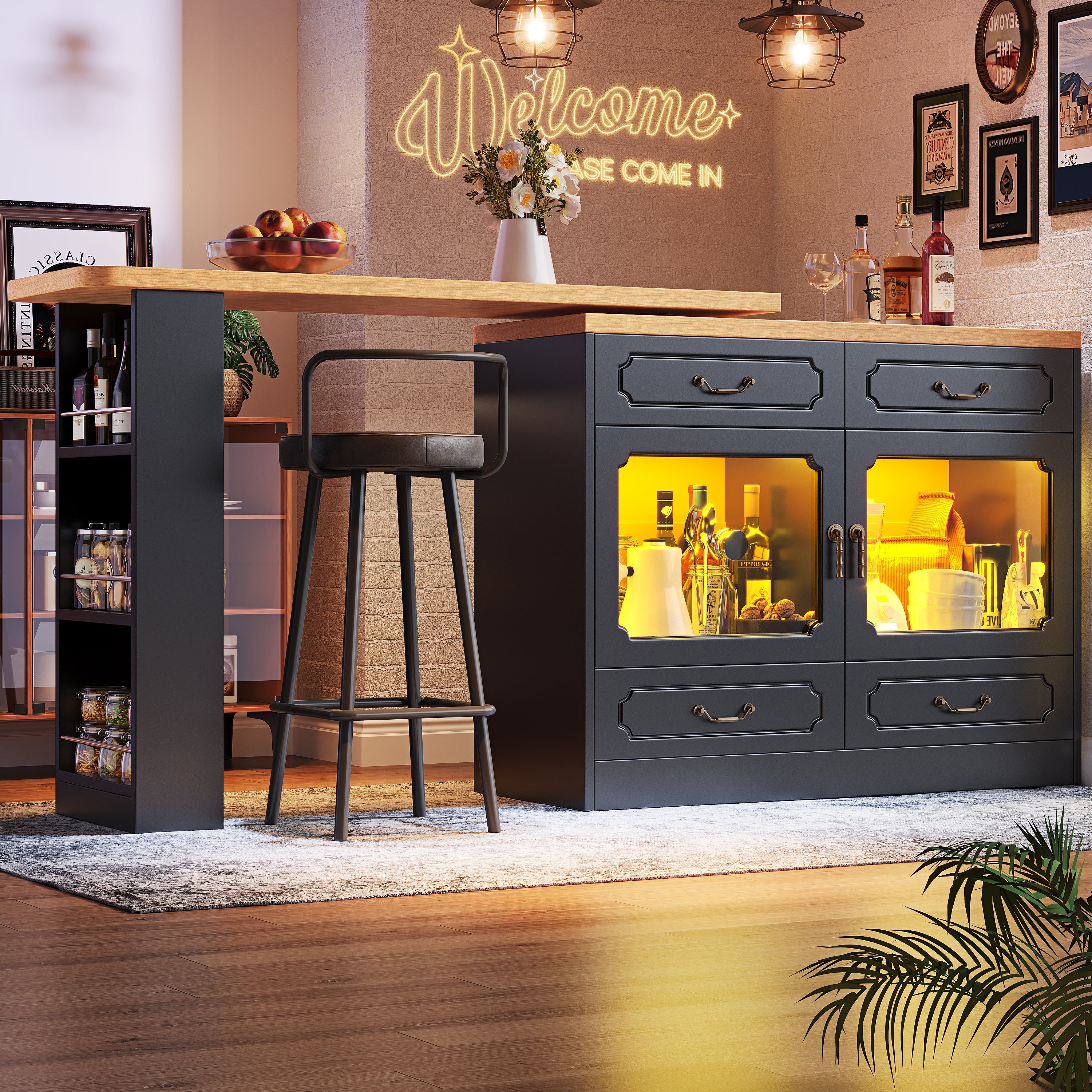 Bar Table 360° Rotation Dining with Storage and Drawers, Black