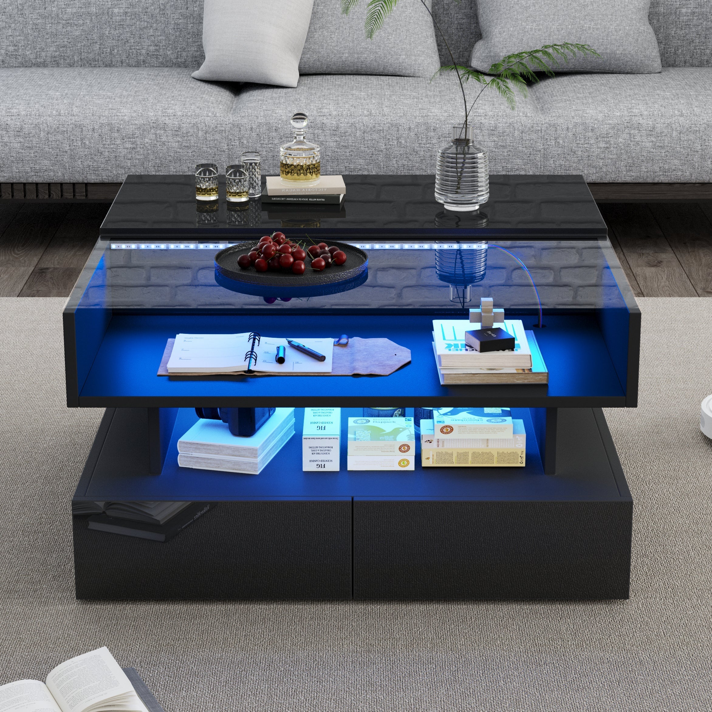 Coffee Table Height-Adjustable Hidden Storage LED Lights Tempered Glass, Black