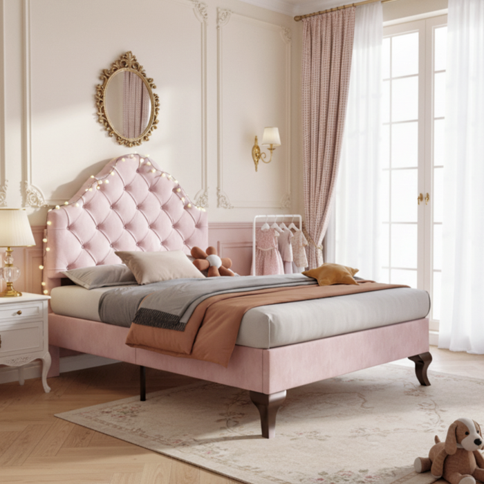 Upholstered Single Bed 90x200 Height-Adjustable Headboard Slatted Base Velvet Pink