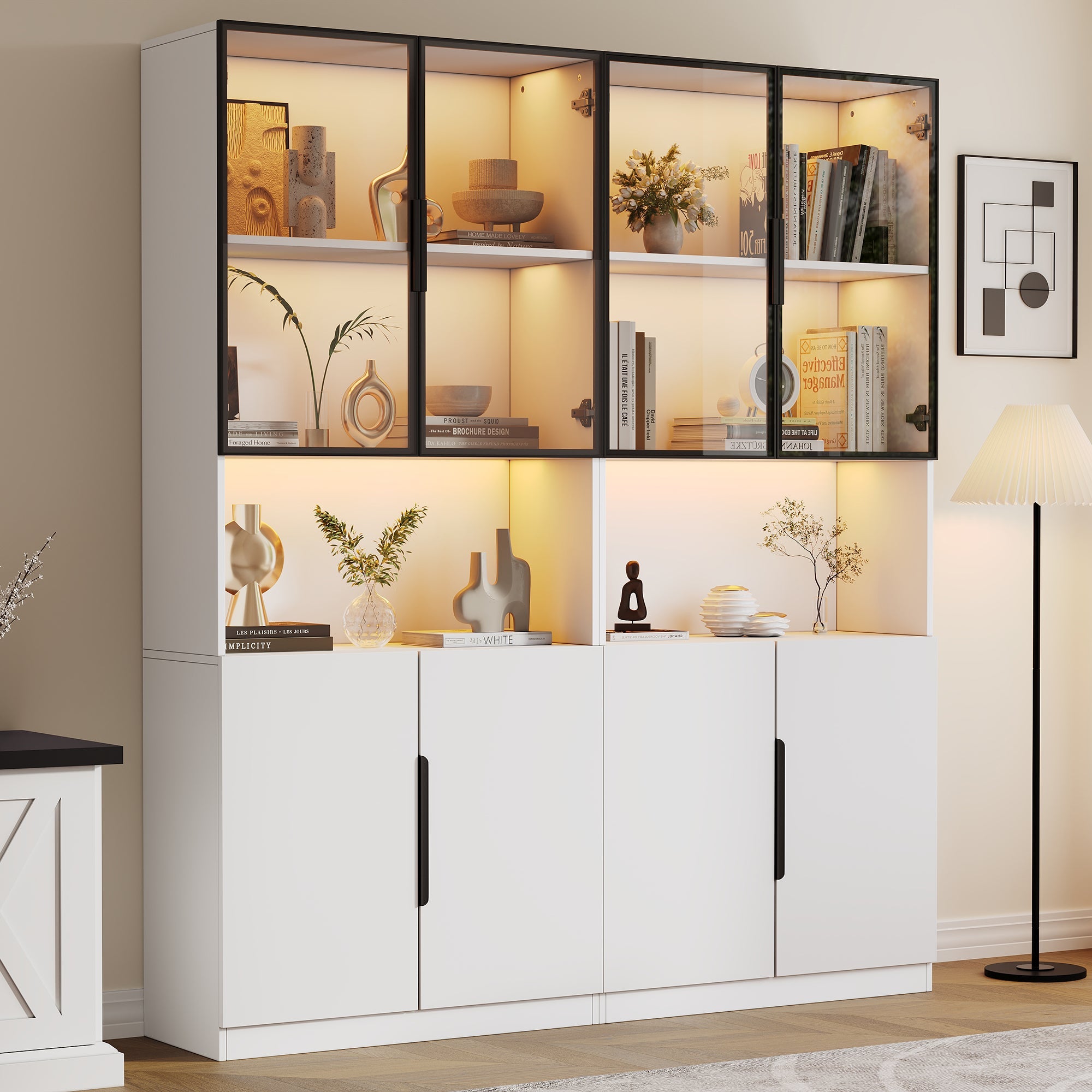 Modern Minimalist Display Cabinet, Glass Doors LED Lights Bookshelf for Collectibles, White
