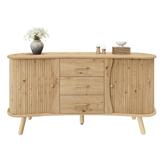 Pea-Shaped Sideboard with 2 Sliding Doors and 3 Drawers, Scandinavian Style with Solid Wood Legs, Wood Look MDF