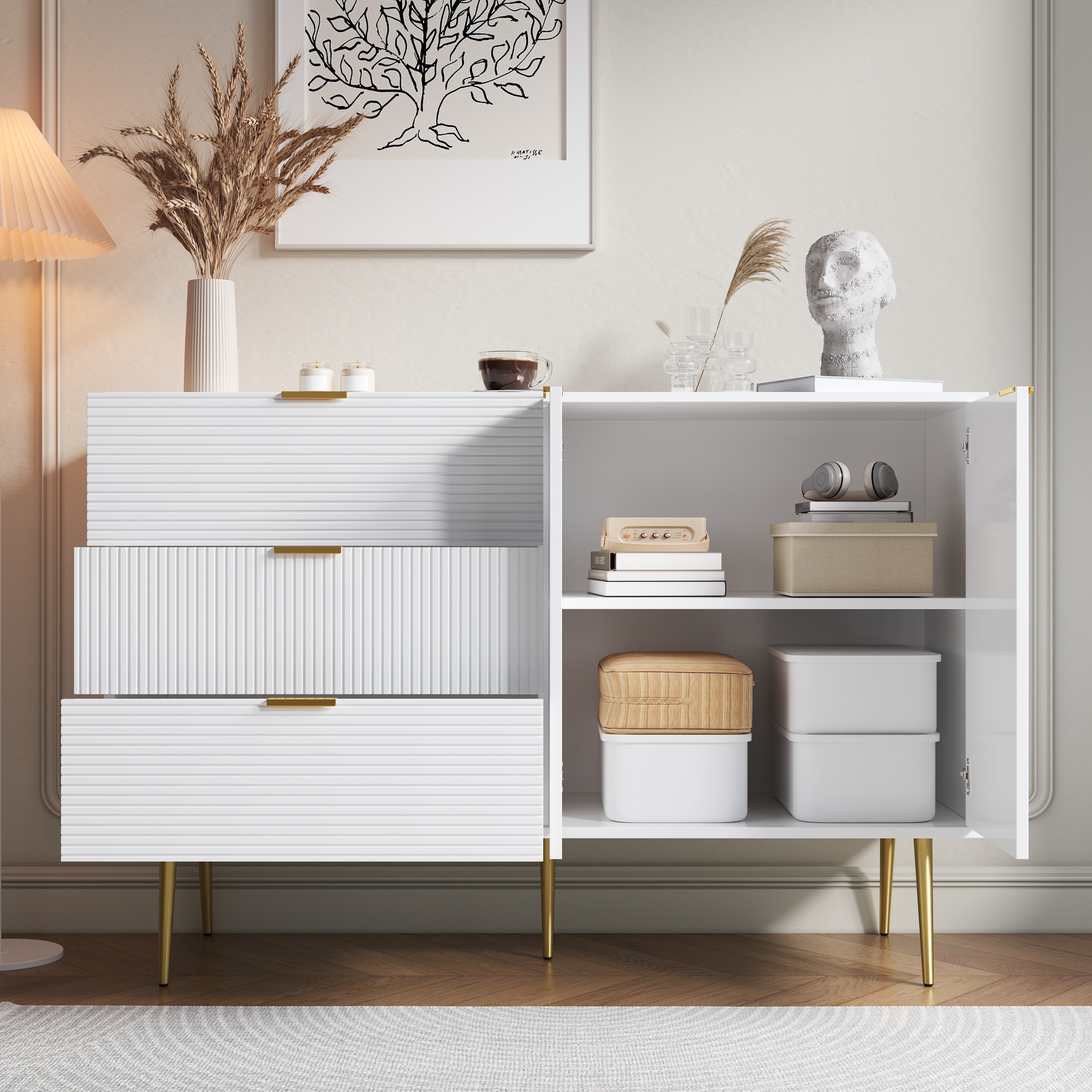 Sideboard, Living Room Cabinet with Doors & Drawers, Interior Shelves, Golden Handles & Legs